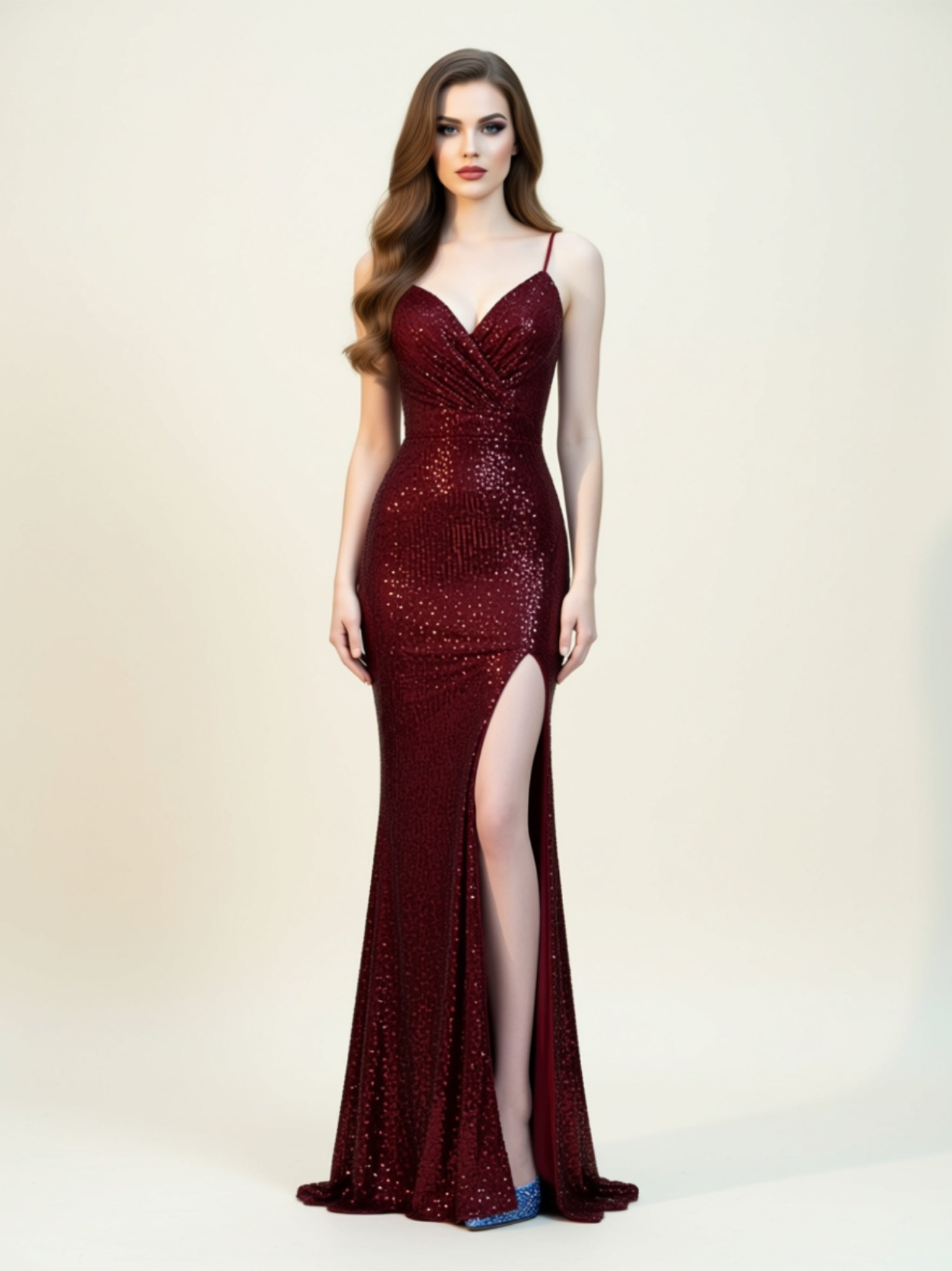 Sequin V‑Neck Spaghetti Strap Mermaid Gown