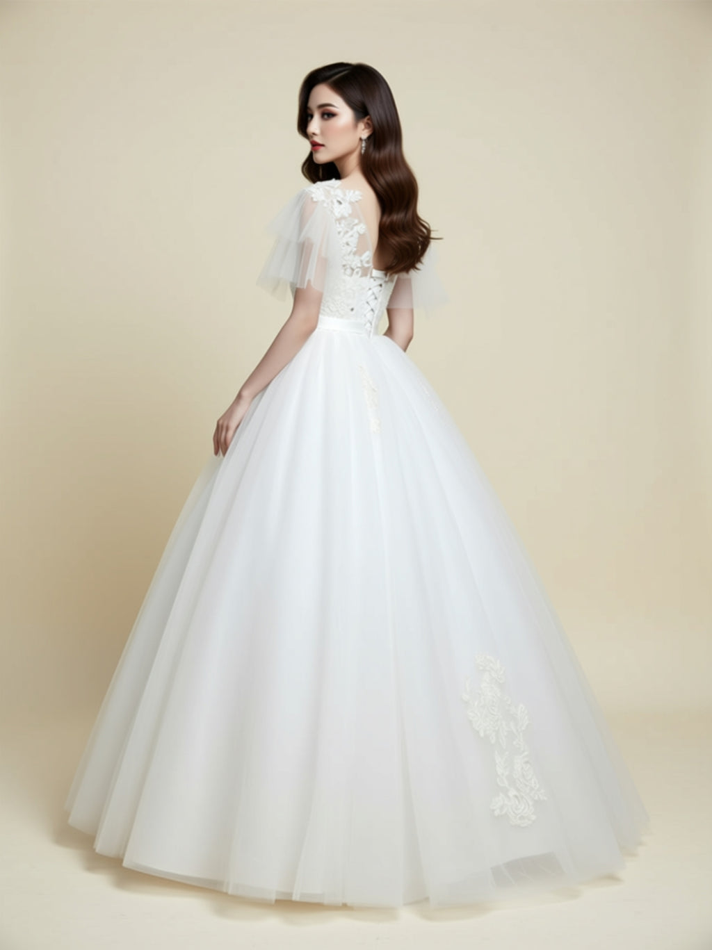 Elegant Lace Ball Gown Wedding Dress with 3D Appliqué Bodice & Sheer Flutter Sleeves