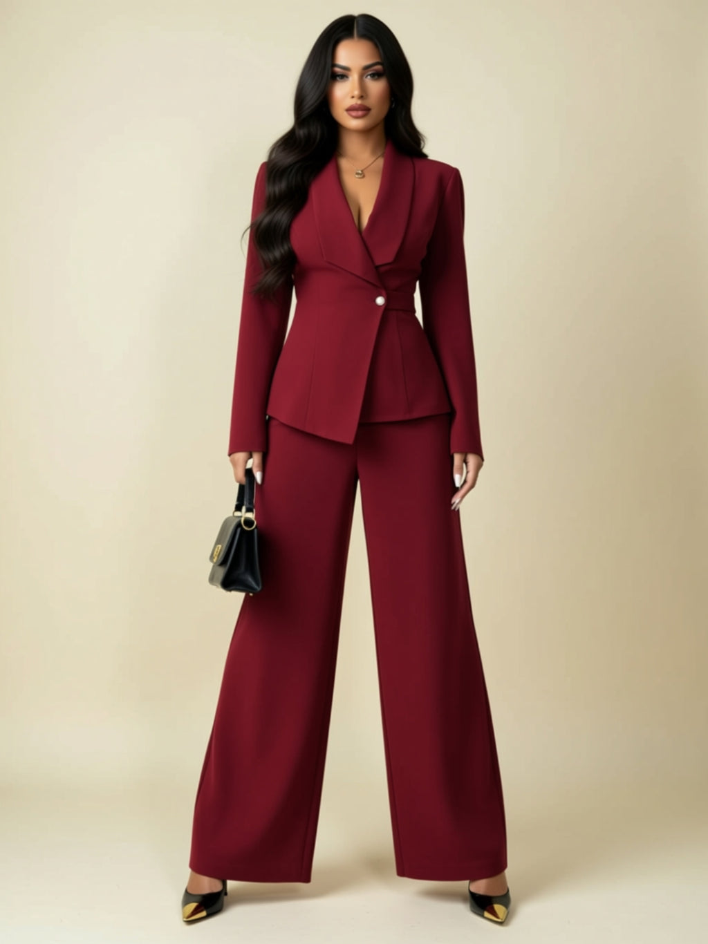 Buttoned Two‑Piece Wide‑Leg Pant Set with Tailored Blazer