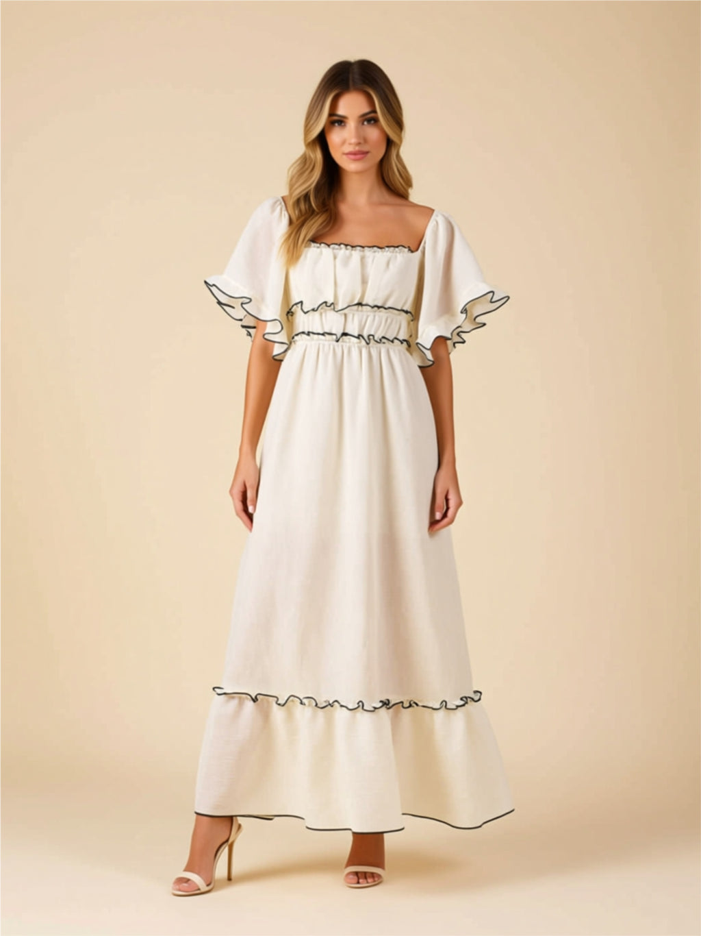 Frill Trim Off‑Shoulder Maxi Dress