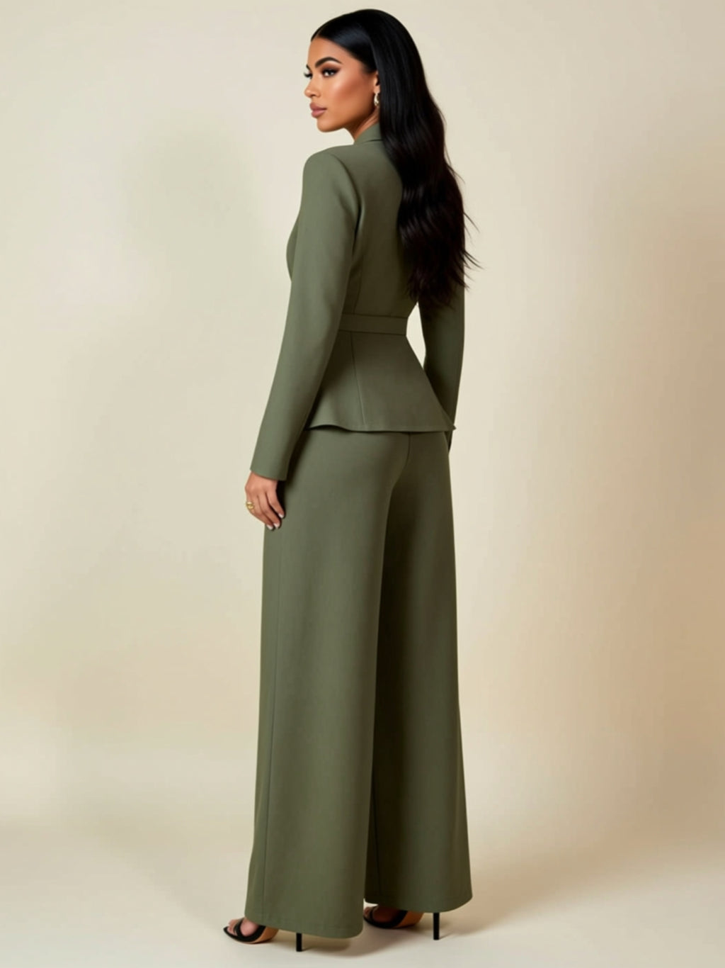 Buttoned Two‑Piece Wide‑Leg Pant Set with Tailored Blazer