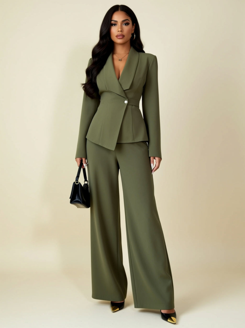 Buttoned Two‑Piece Wide‑Leg Pant Set with Tailored Blazer