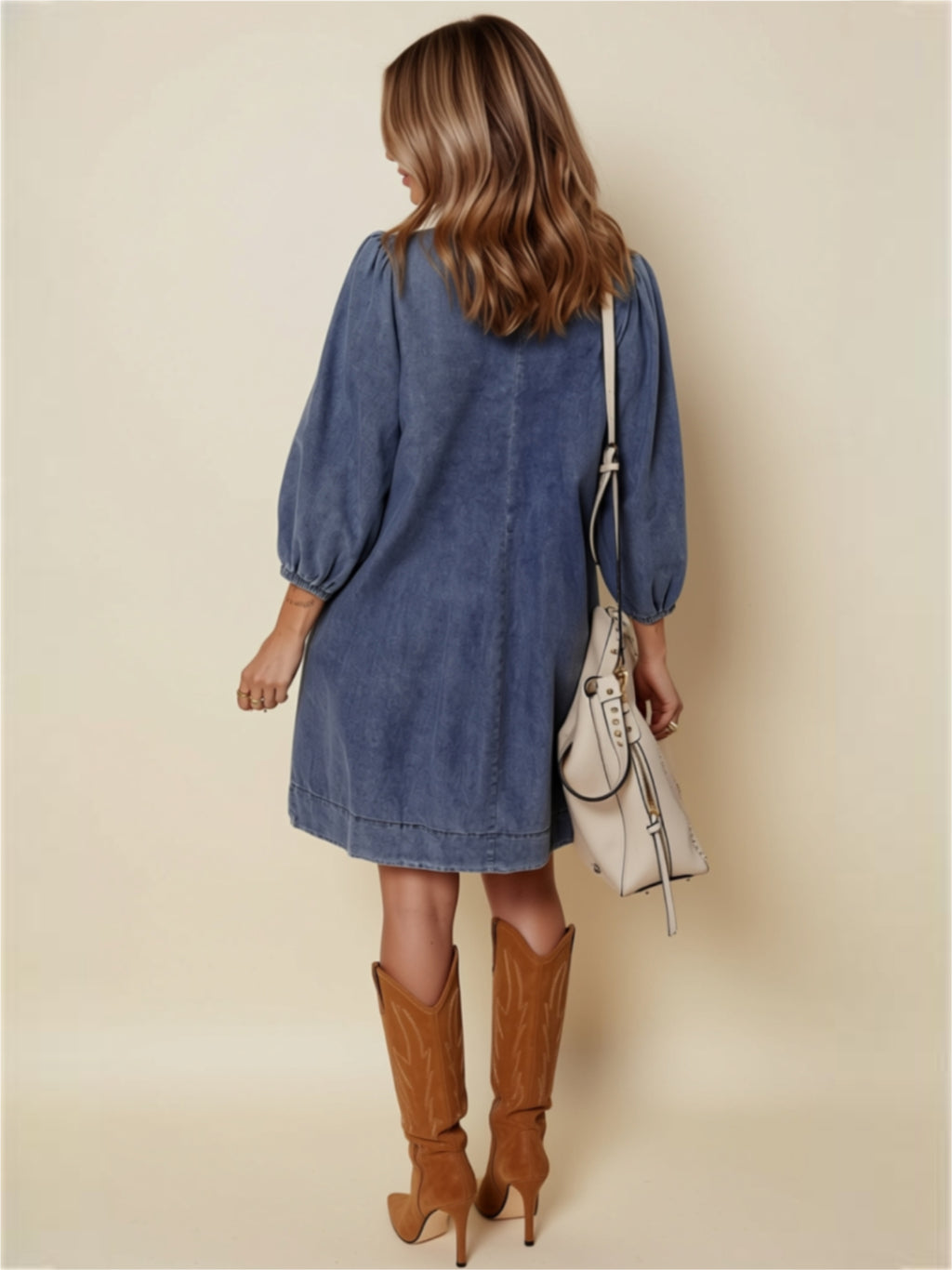 Denim Mini Dress with Balloon Sleeves & V-Neck Tie Detail
