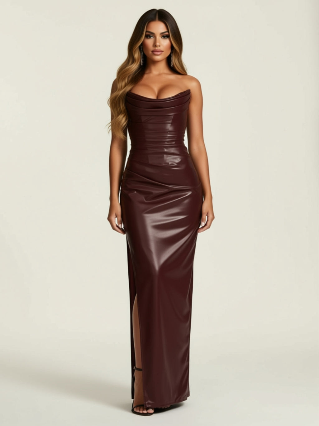 Faux Leather Strapless Maxi Dress with High Slit