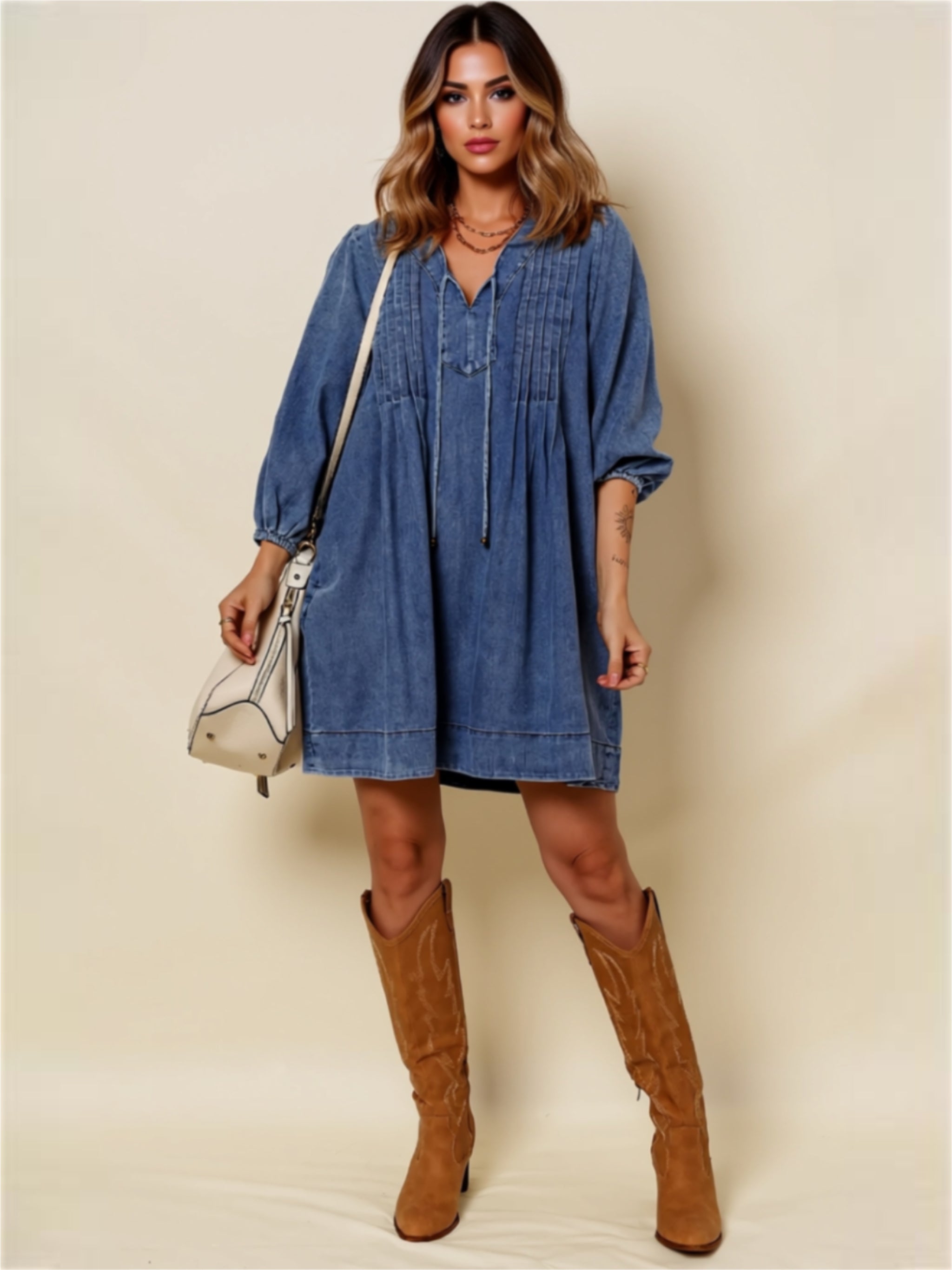 Denim Mini Dress with Balloon Sleeves & V-Neck Tie Detail