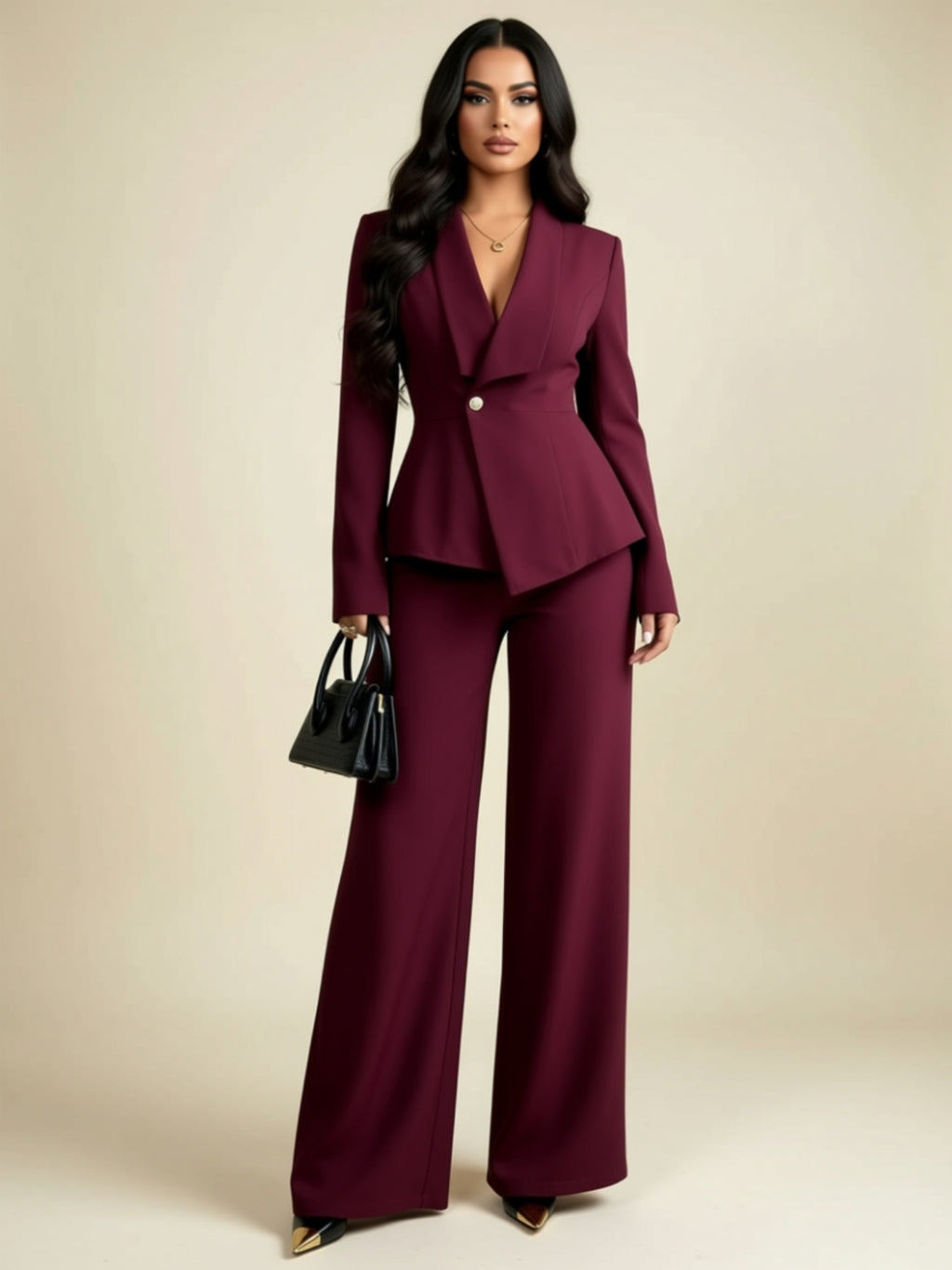Buttoned Two‑Piece Wide‑Leg Pant Set with Tailored Blazer