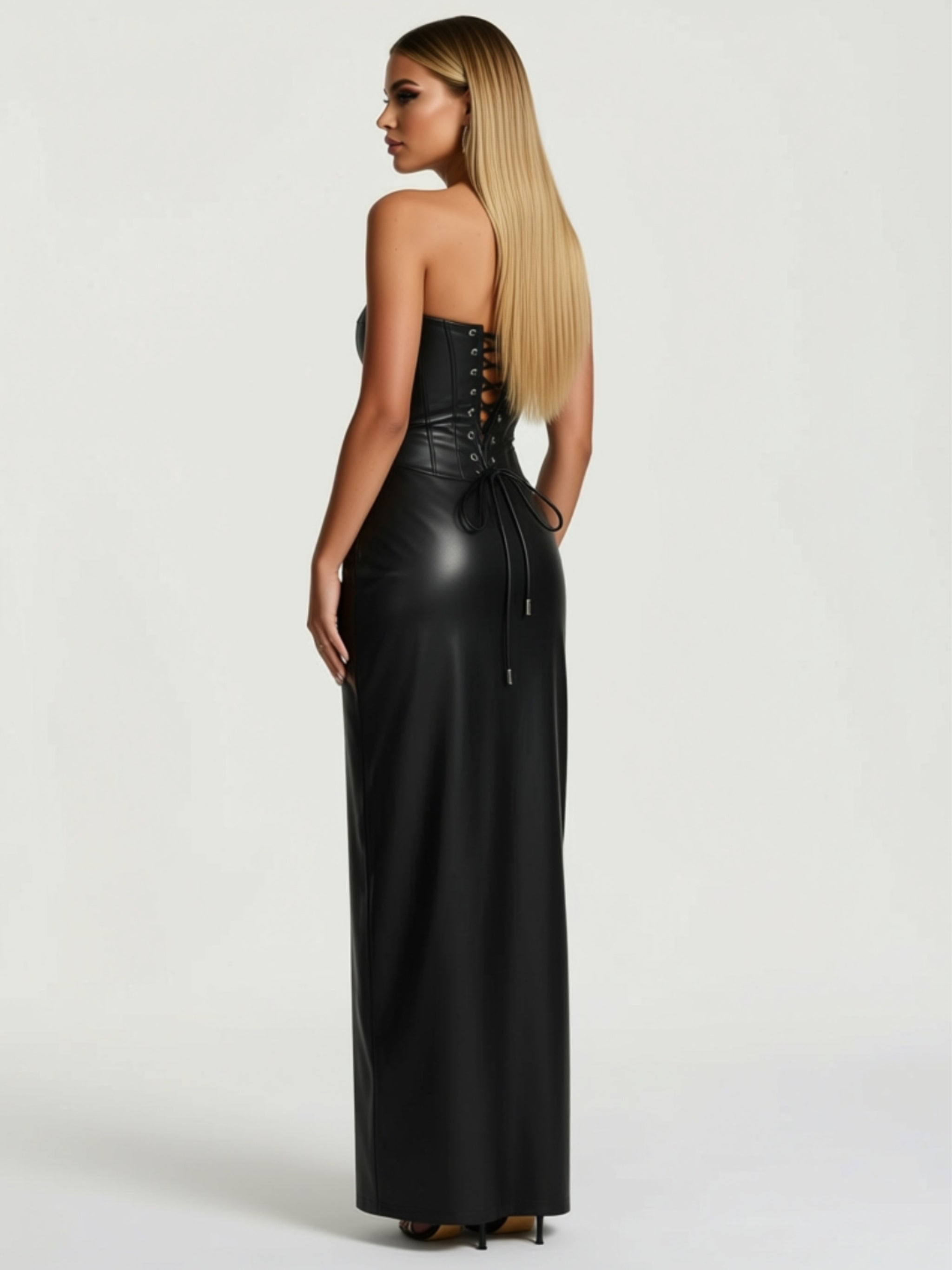 Faux Leather Strapless Maxi Dress with High Slit