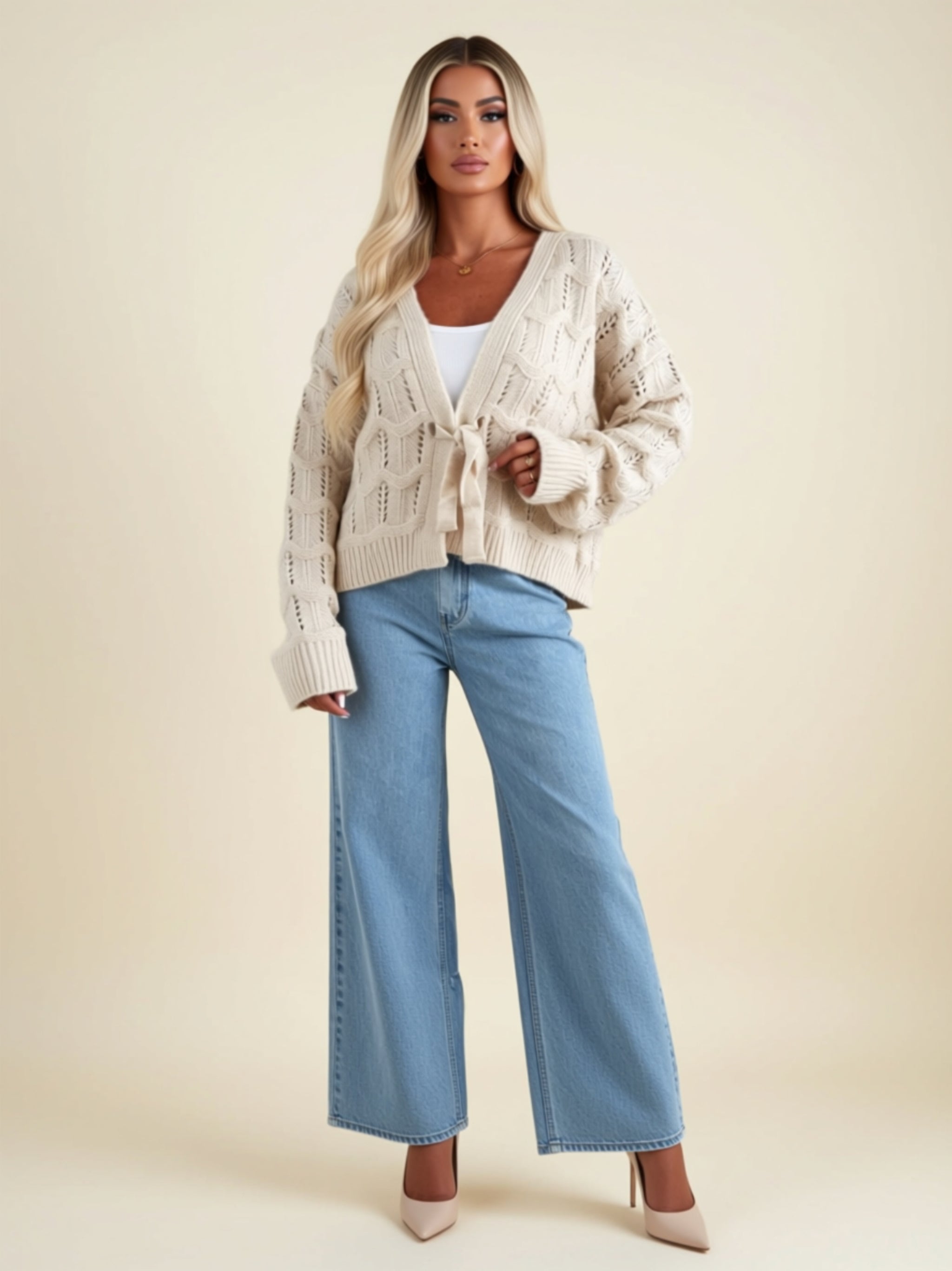 Openwork Knit Tie-Front Cardigan