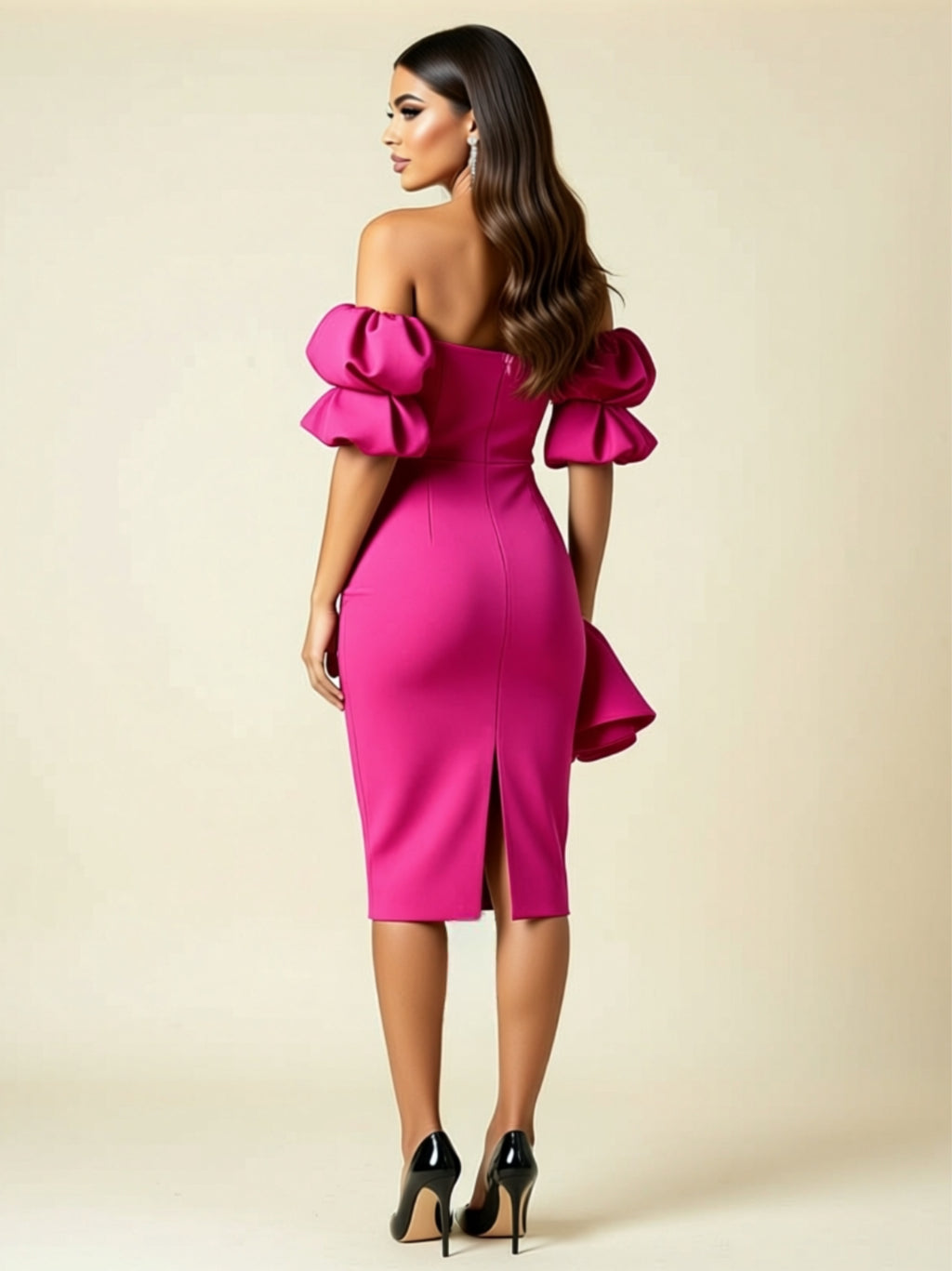 Hot Pink Off‑Shoulder Ruffle Sleeve Bodycon Dress