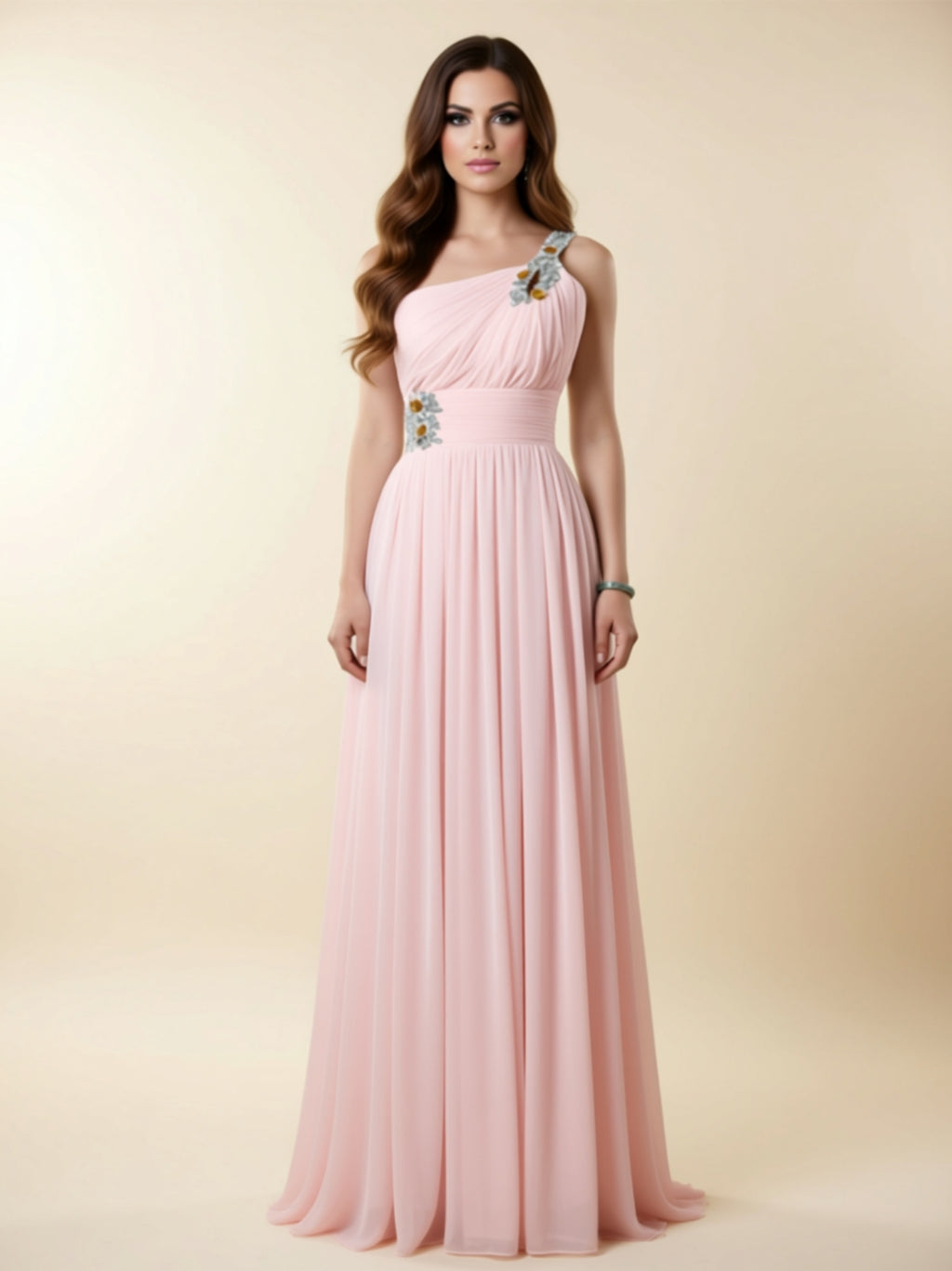 One‑Shoulder Embellished Chiffon Evening Gown