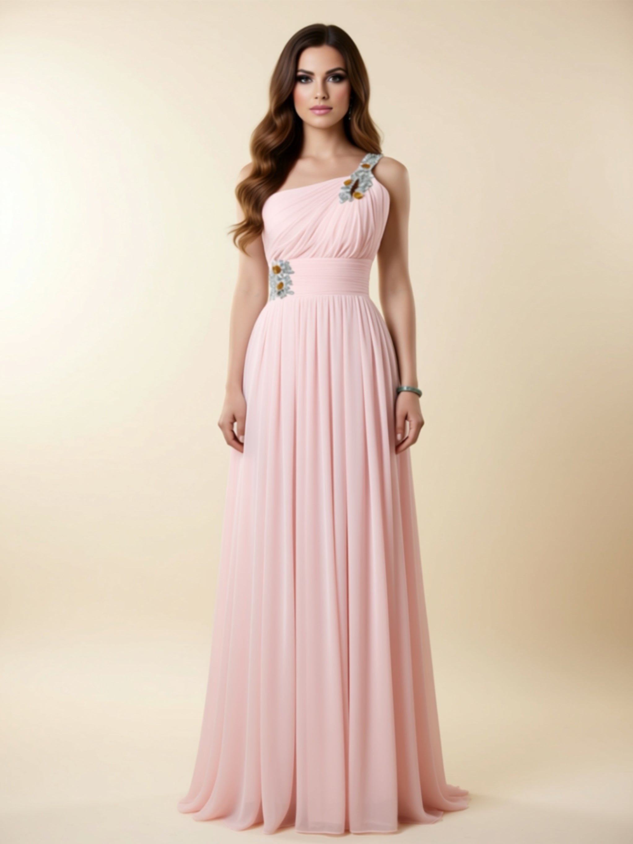 One‑Shoulder Embellished Chiffon Evening Gown