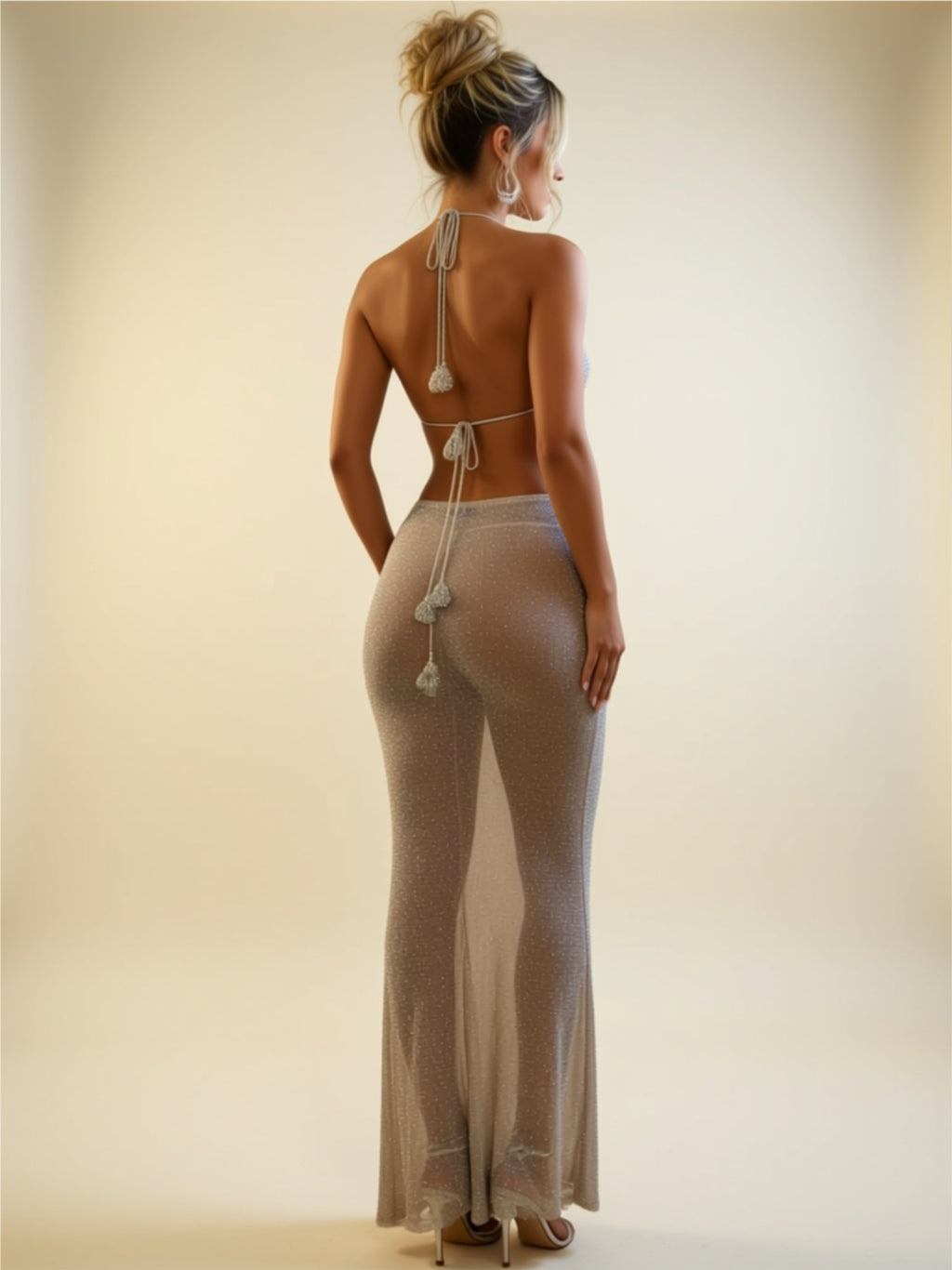 Bright Silver Sequin Sheer Maxi Dress