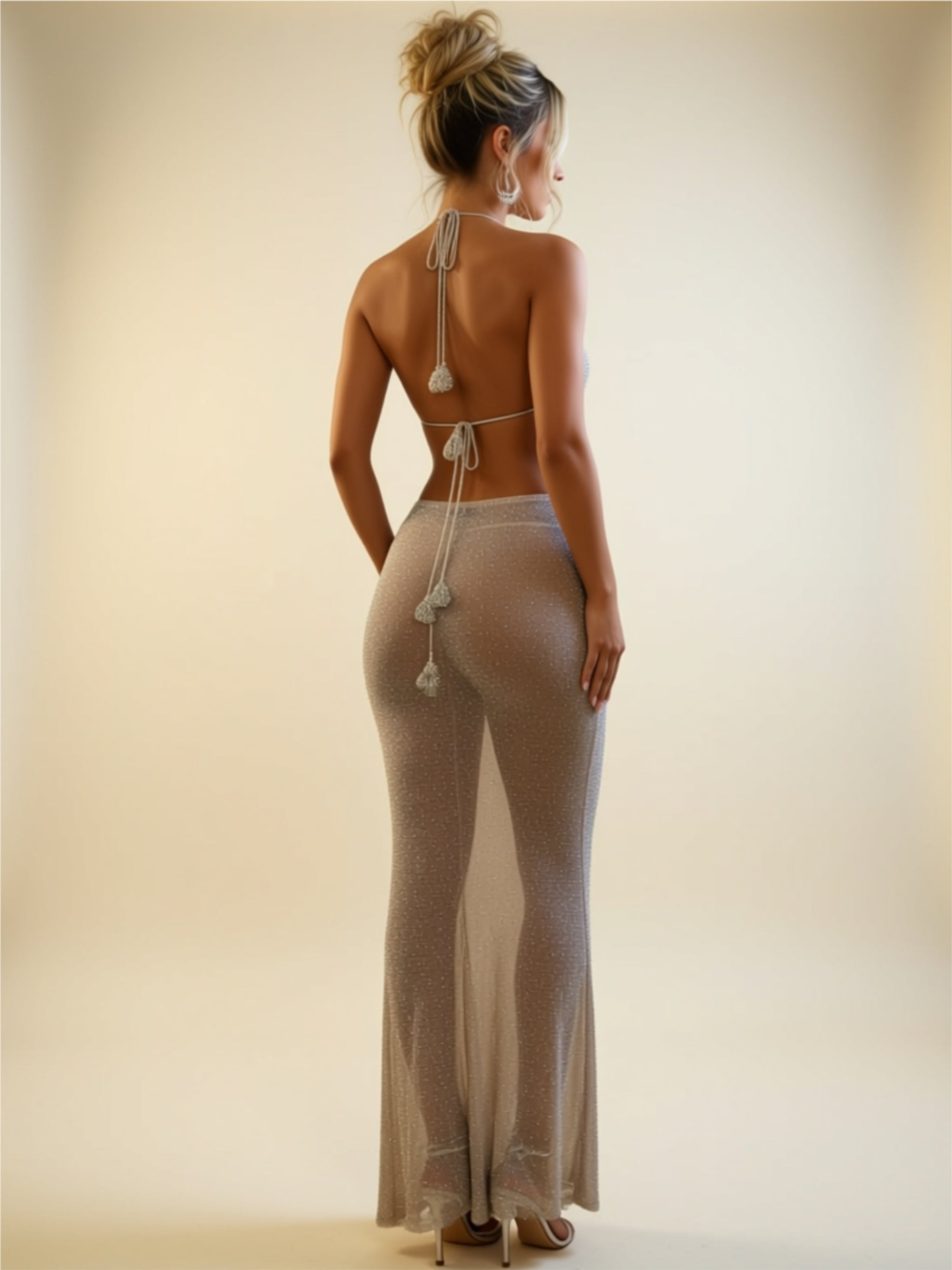 Bright Silver Sequin Sheer Maxi Dress