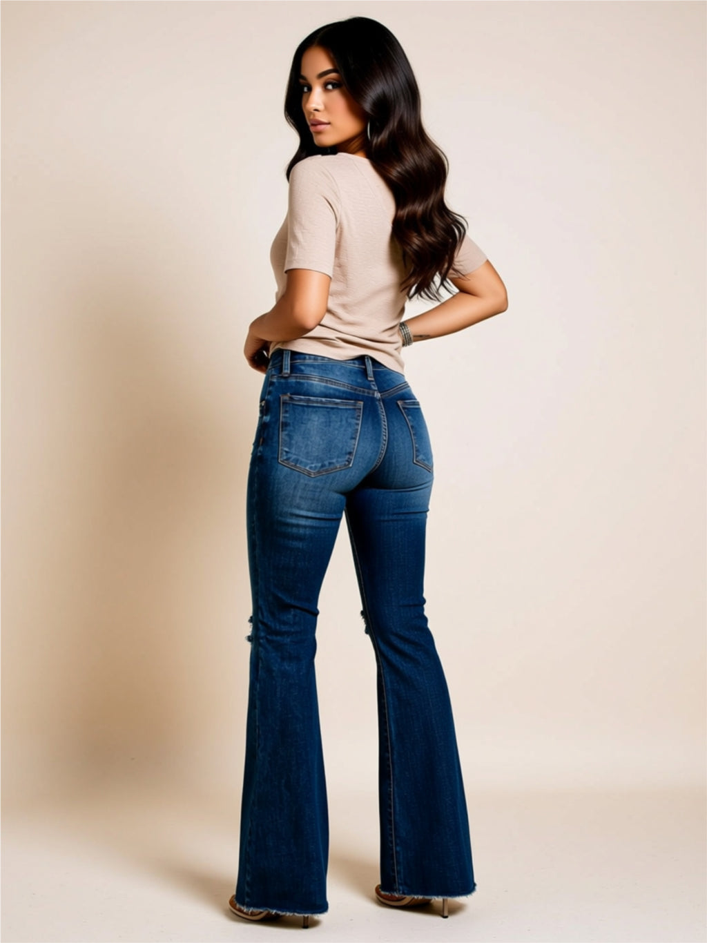 Distressed Flare Jeans  – High Rise, Slight Stretch, Pocketed Denim in Dark Wash