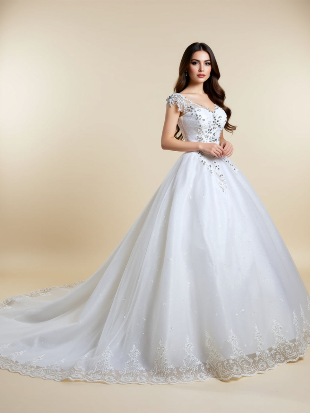 Luxury Embellished Lace Ball Gown Wedding Dress with Sweetheart Neckline & Scalloped Cathedral Train