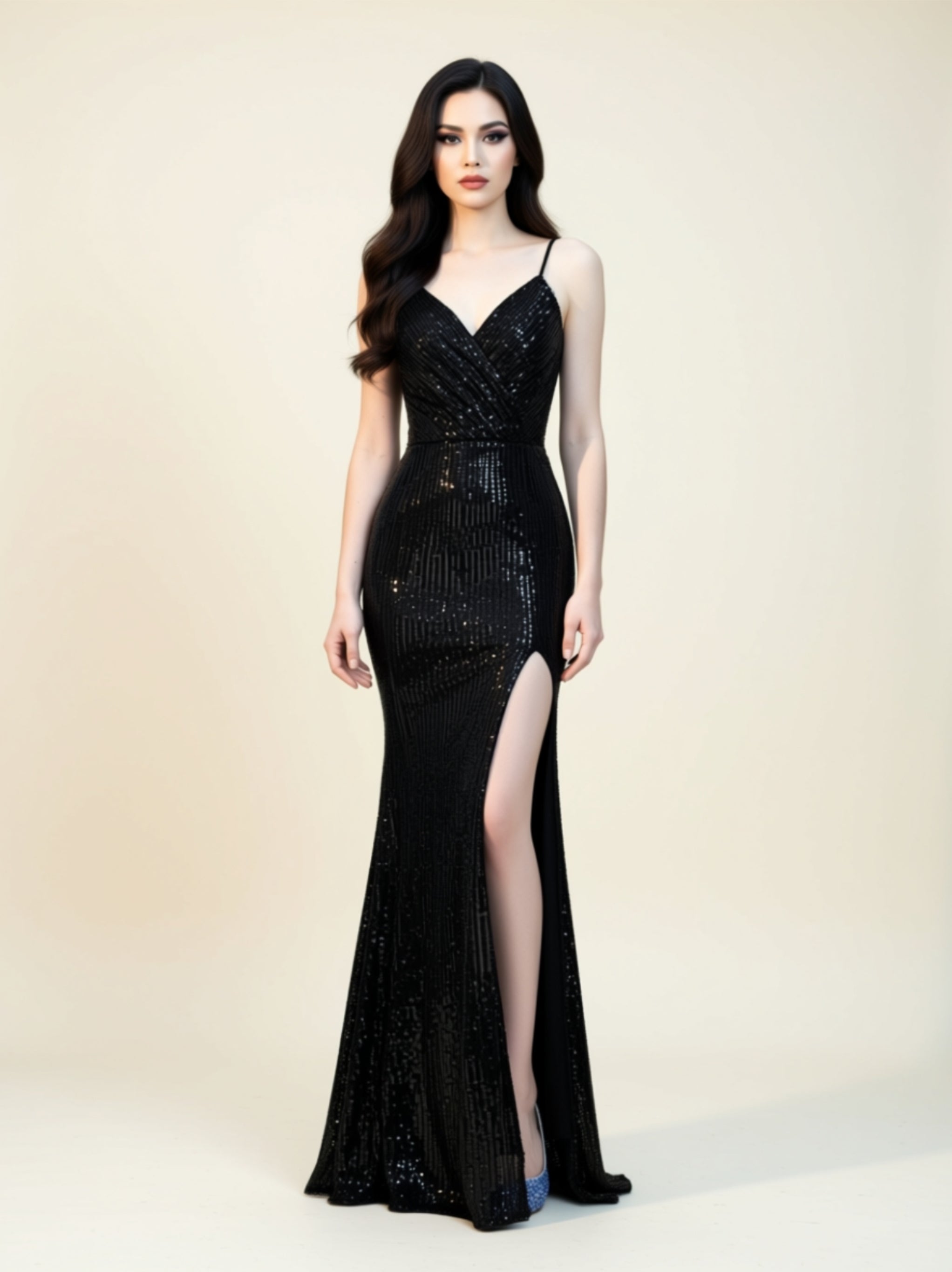 Sequin V‑Neck Spaghetti Strap Mermaid Gown