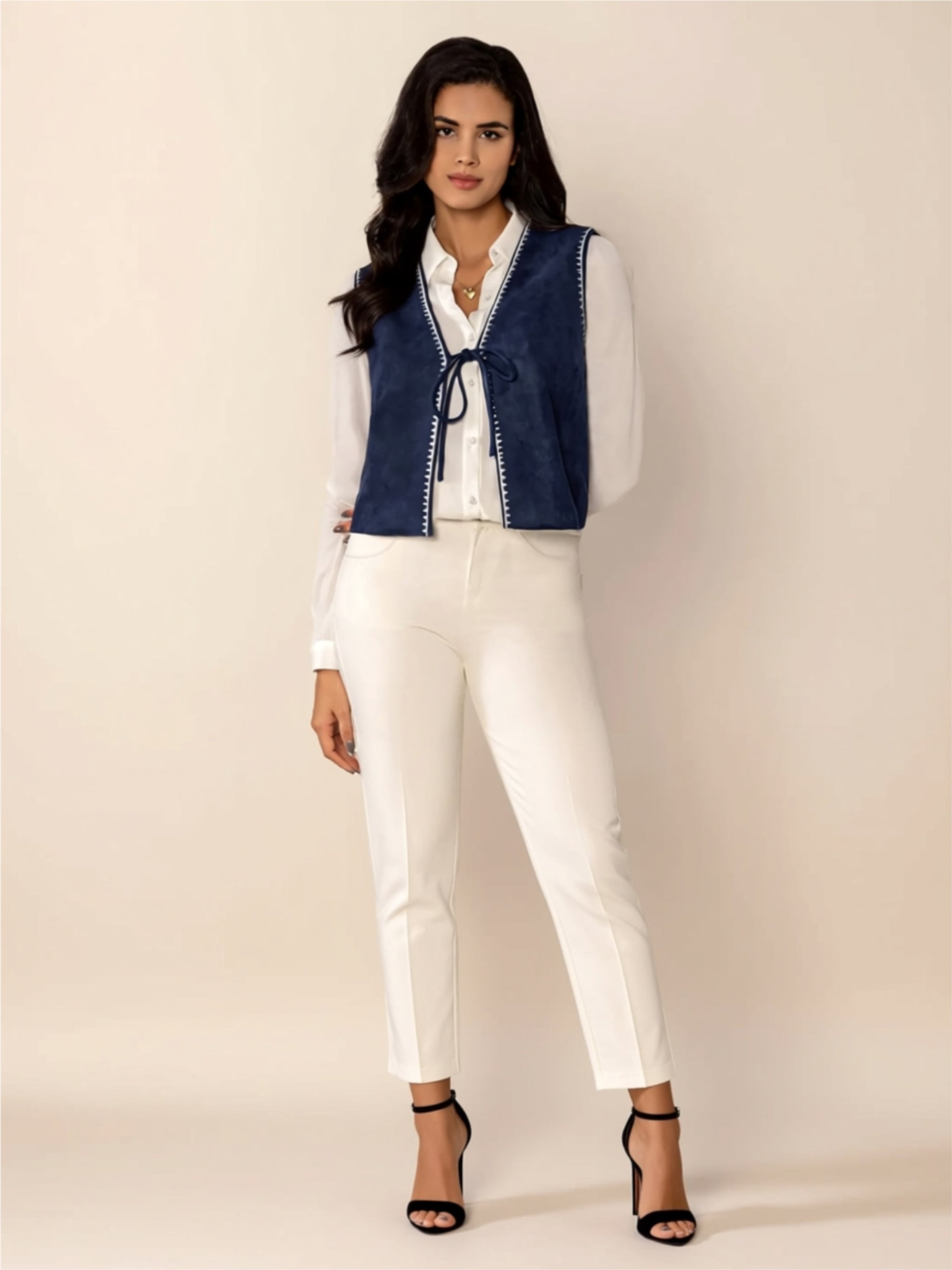 Tie-Front Suede-Look Vest with Contrast Stitching