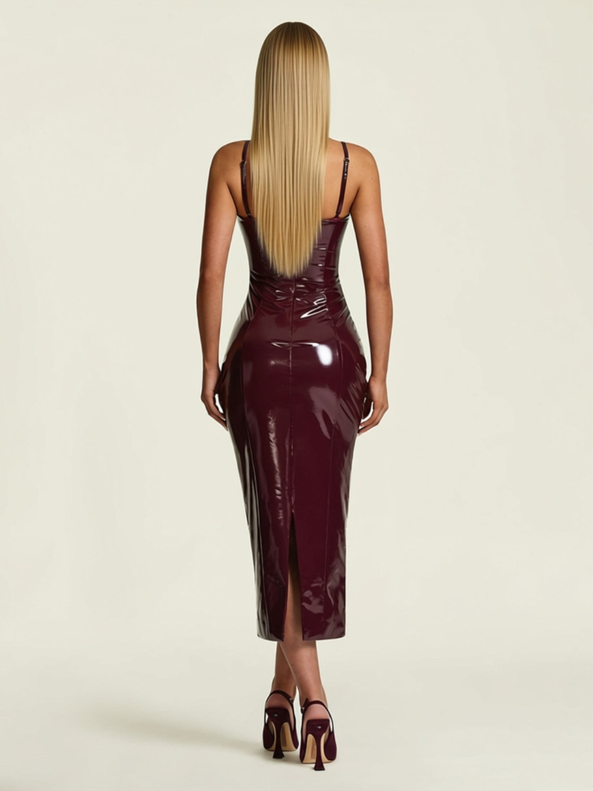 Glossy Faux Leather Strapless Bodycon Midi Dress