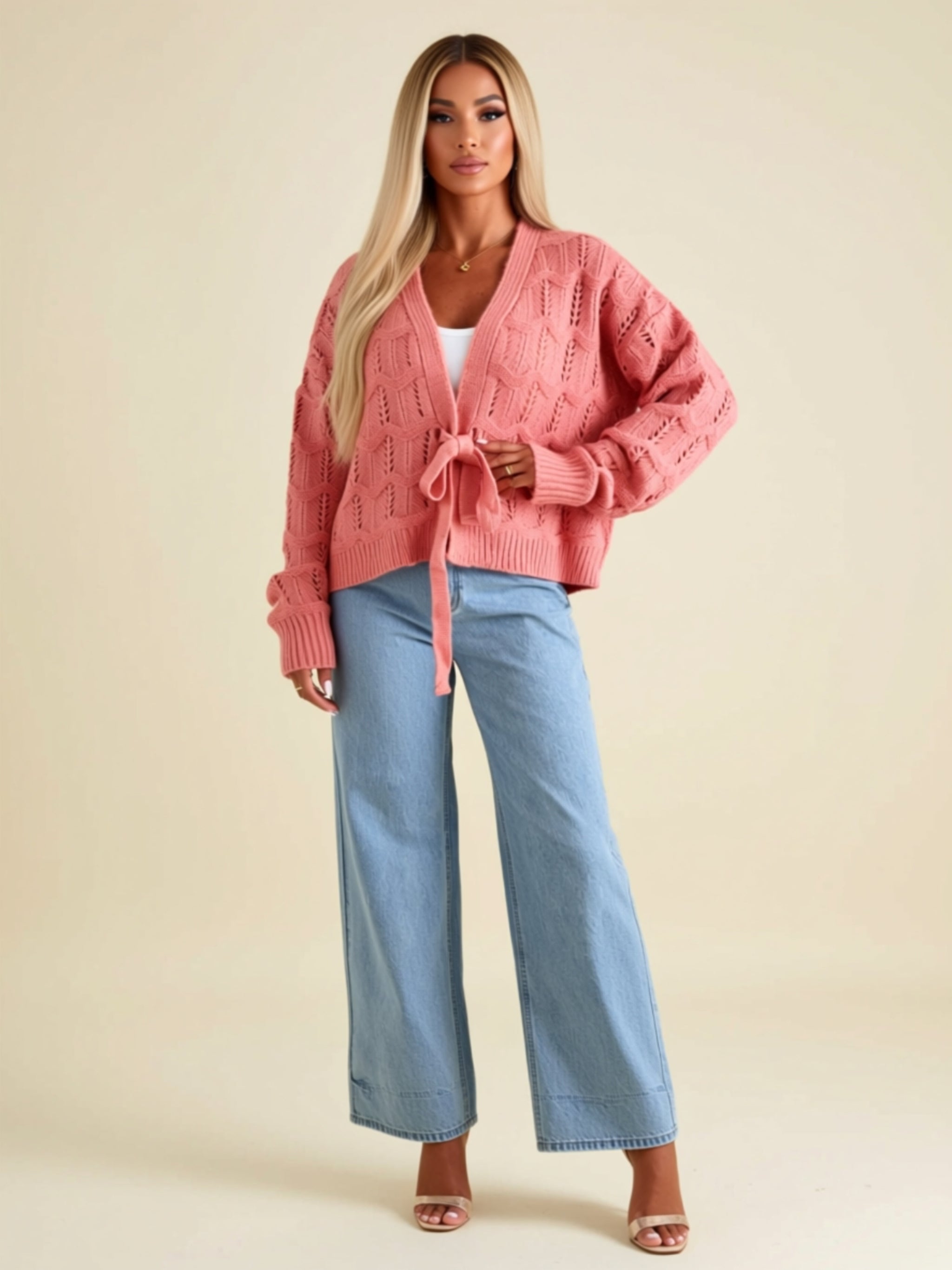 Openwork Knit Tie-Front Cardigan