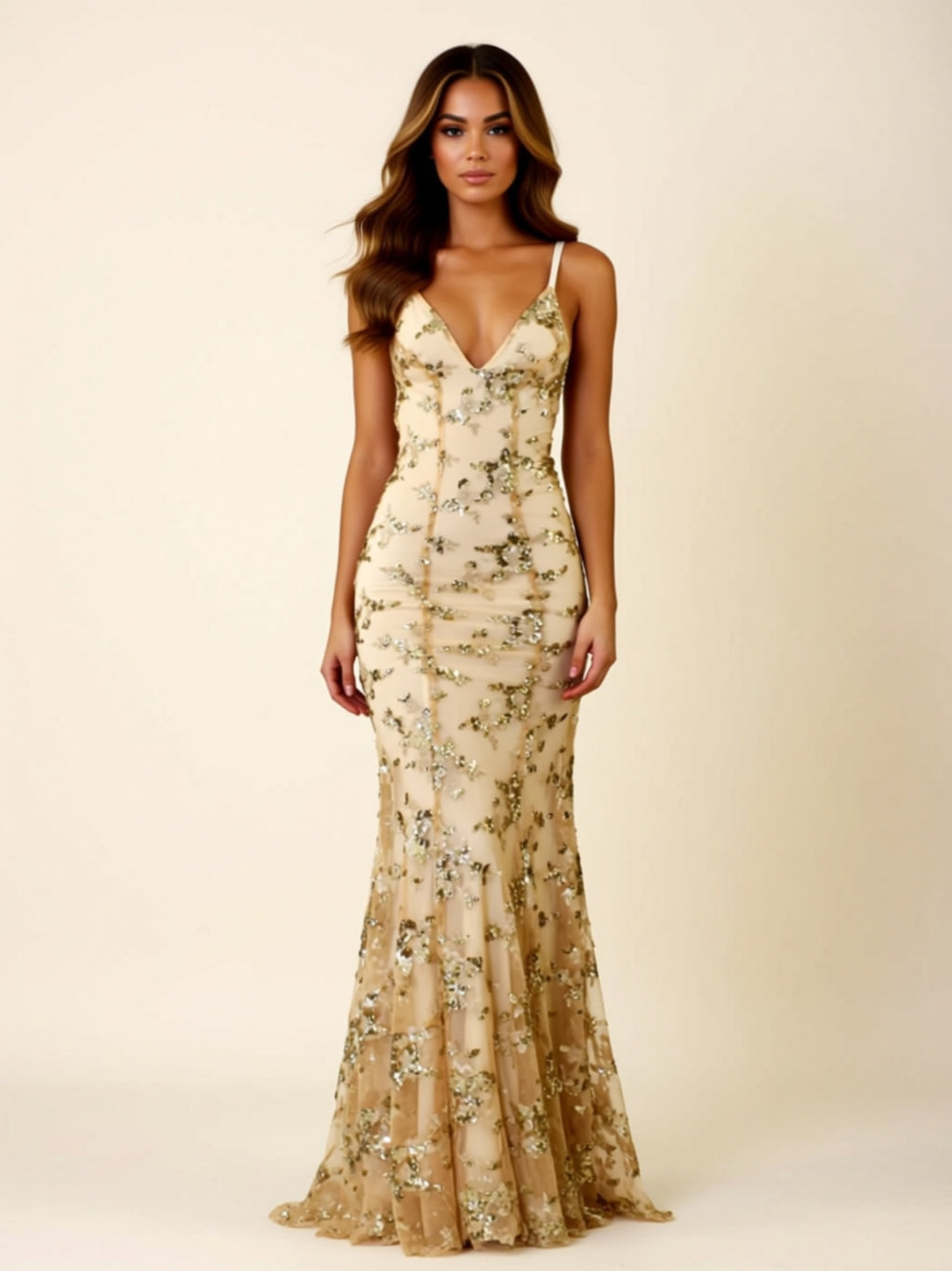 Sequin Floral Backless Mermaid Maxi Dress with Adjustable Tied Straps