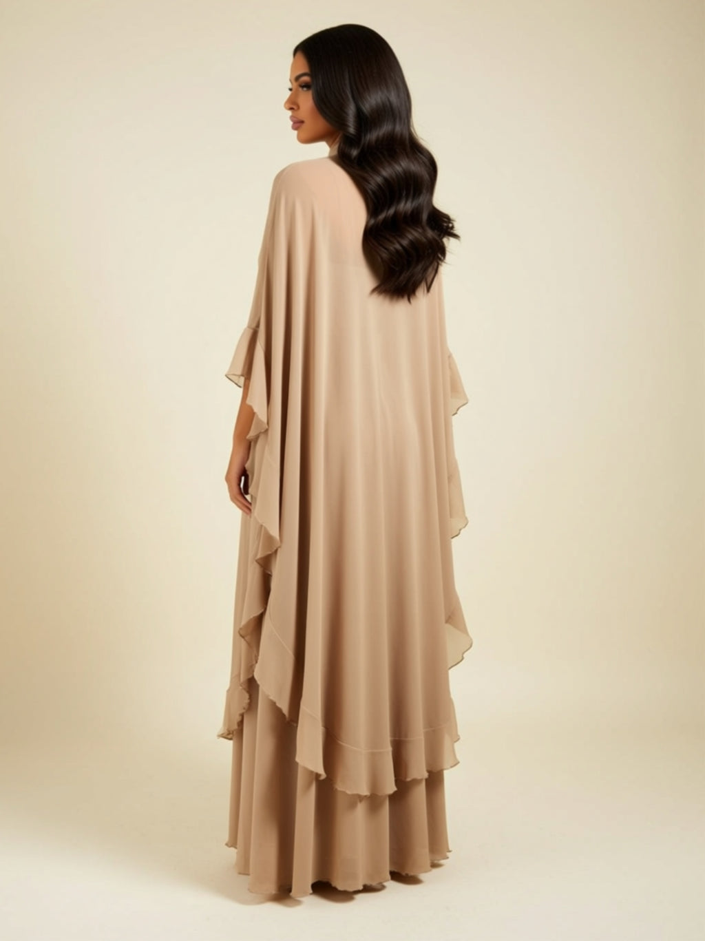 Apricot Maxi Dress Set with Layered Cape