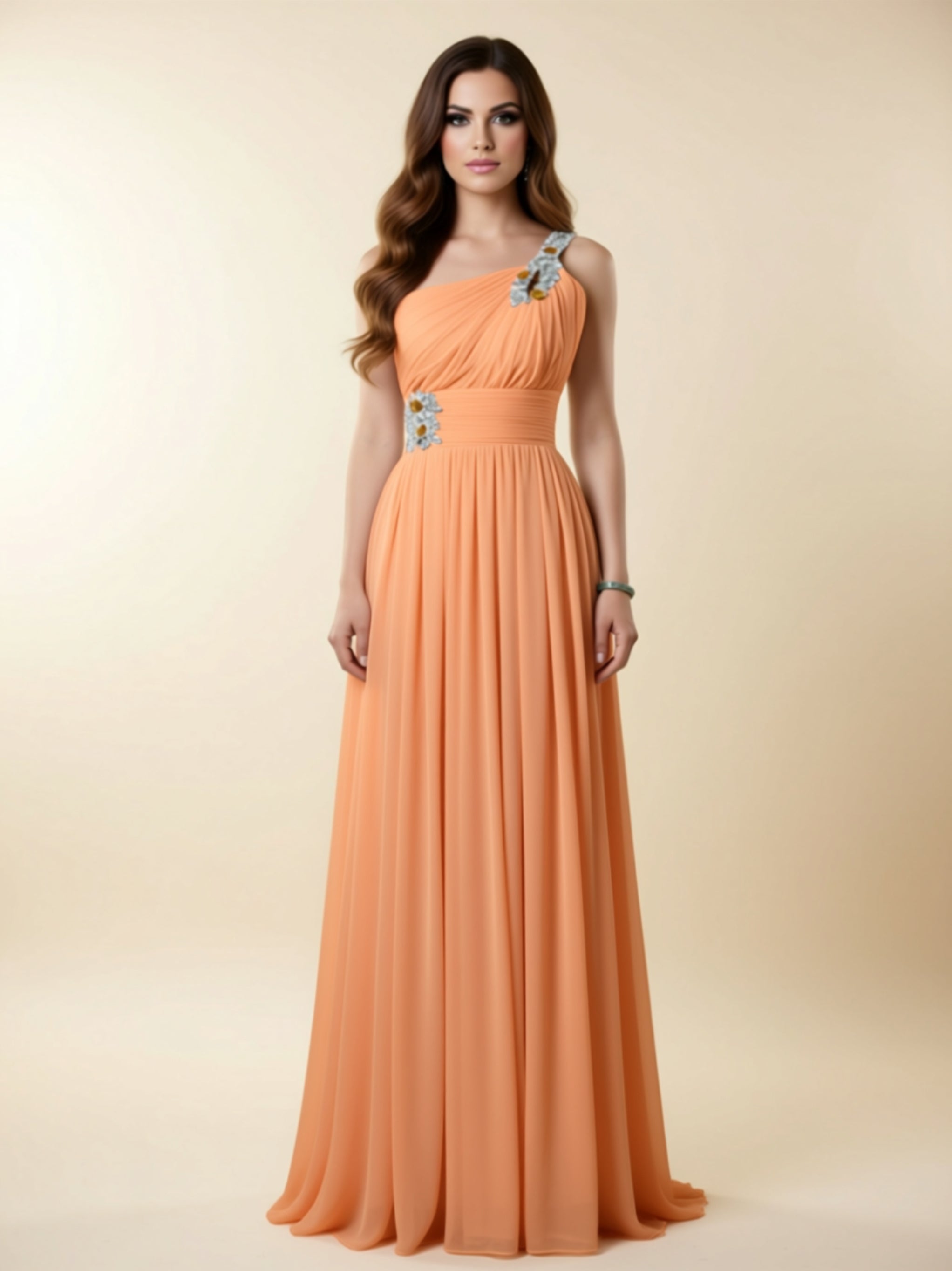 One‑Shoulder Embellished Chiffon Evening Gown