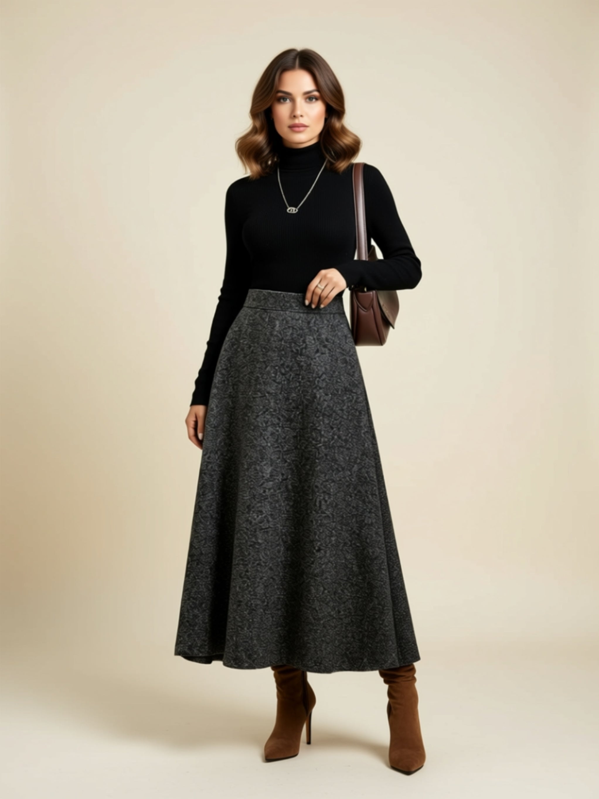 High-Waist A-Line Midi Skirt with Pockets