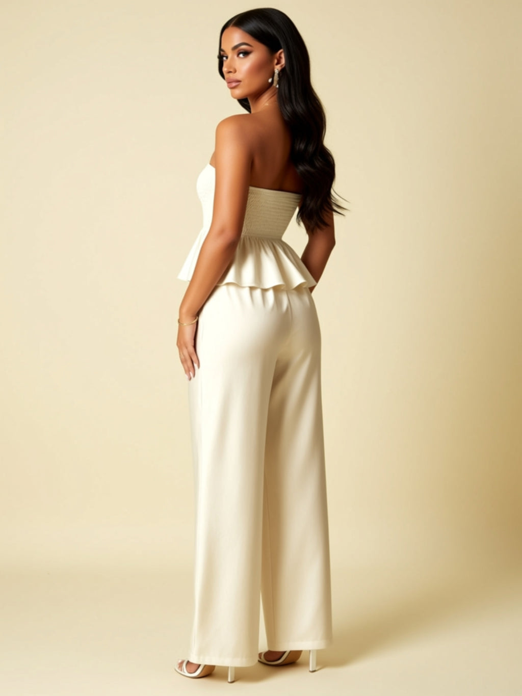 Strapless Smocked Peplum Top & Wide-Leg Pants Set