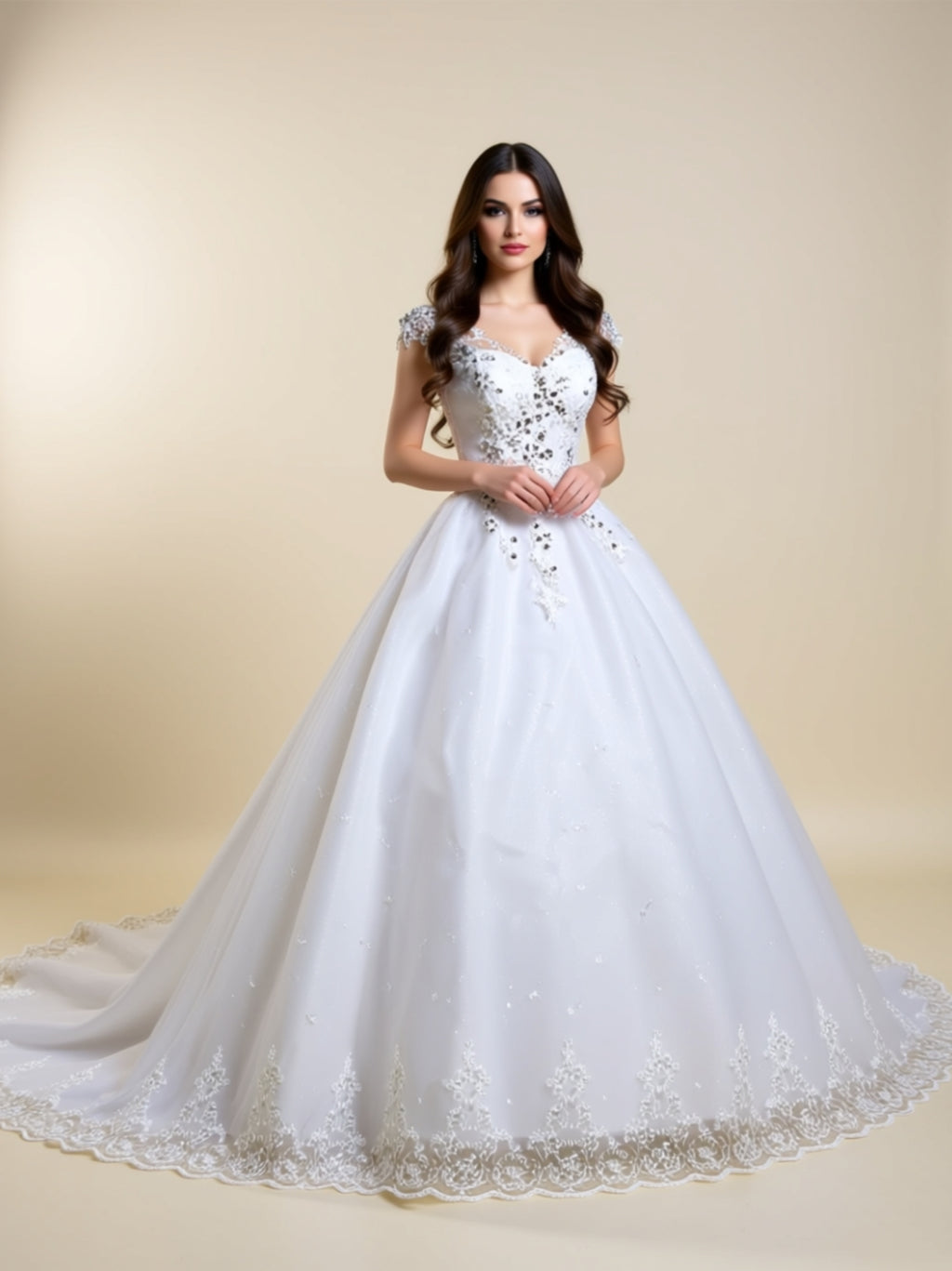 Luxury Embellished Lace Ball Gown Wedding Dress with Sweetheart Neckline & Scalloped Cathedral Train