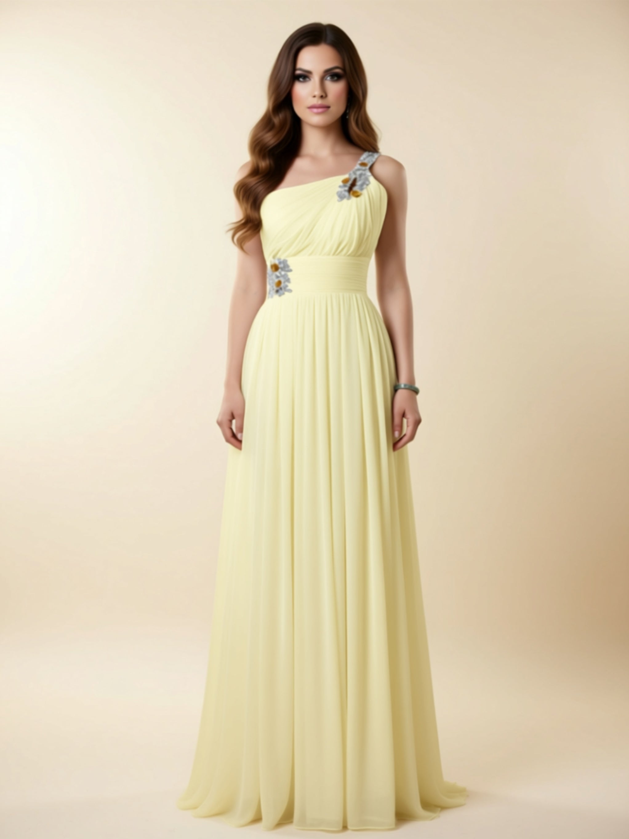 One‑Shoulder Embellished Chiffon Evening Gown