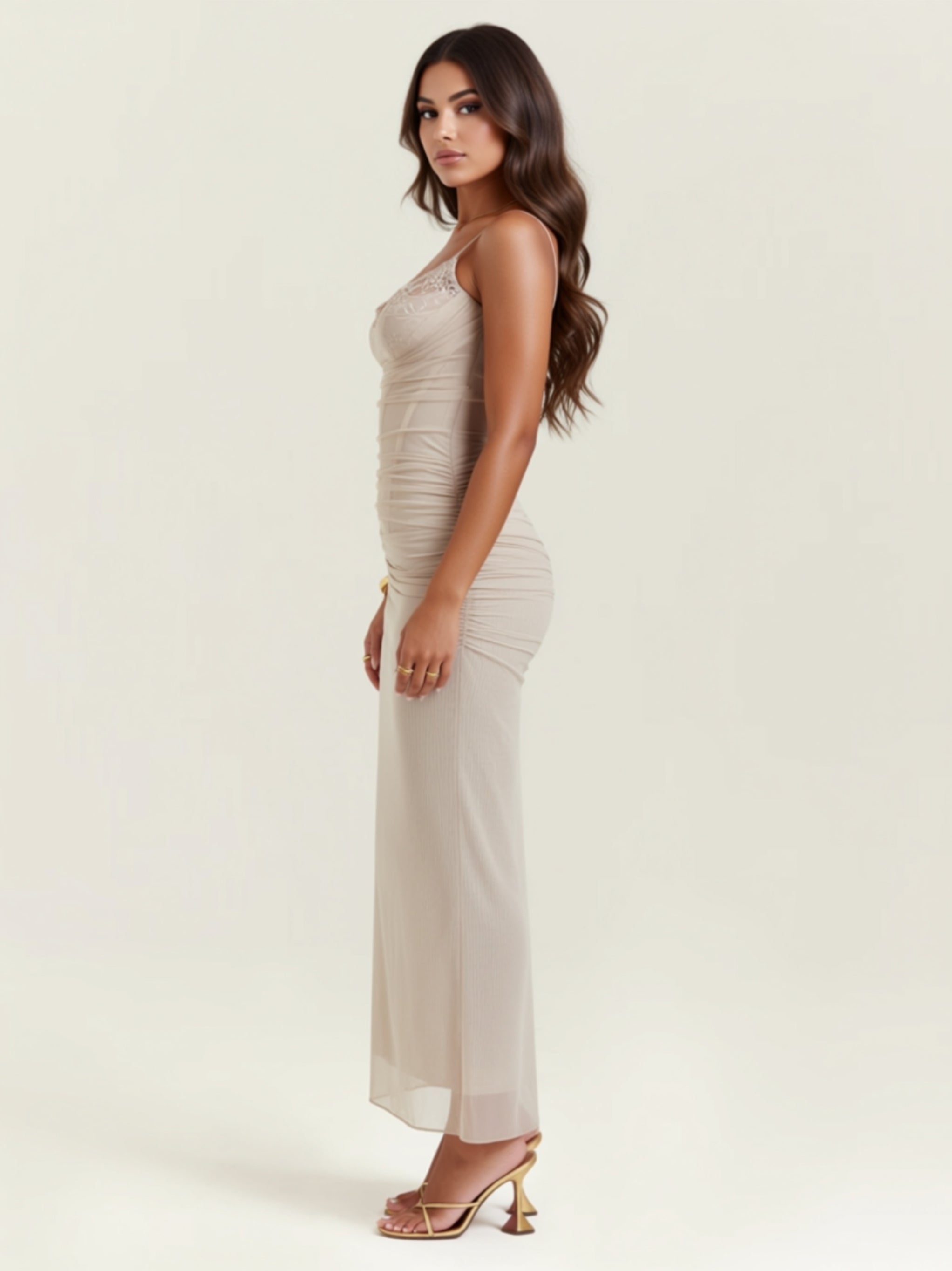 Elegant Gray Mesh Maxi Dress with Lace Trim