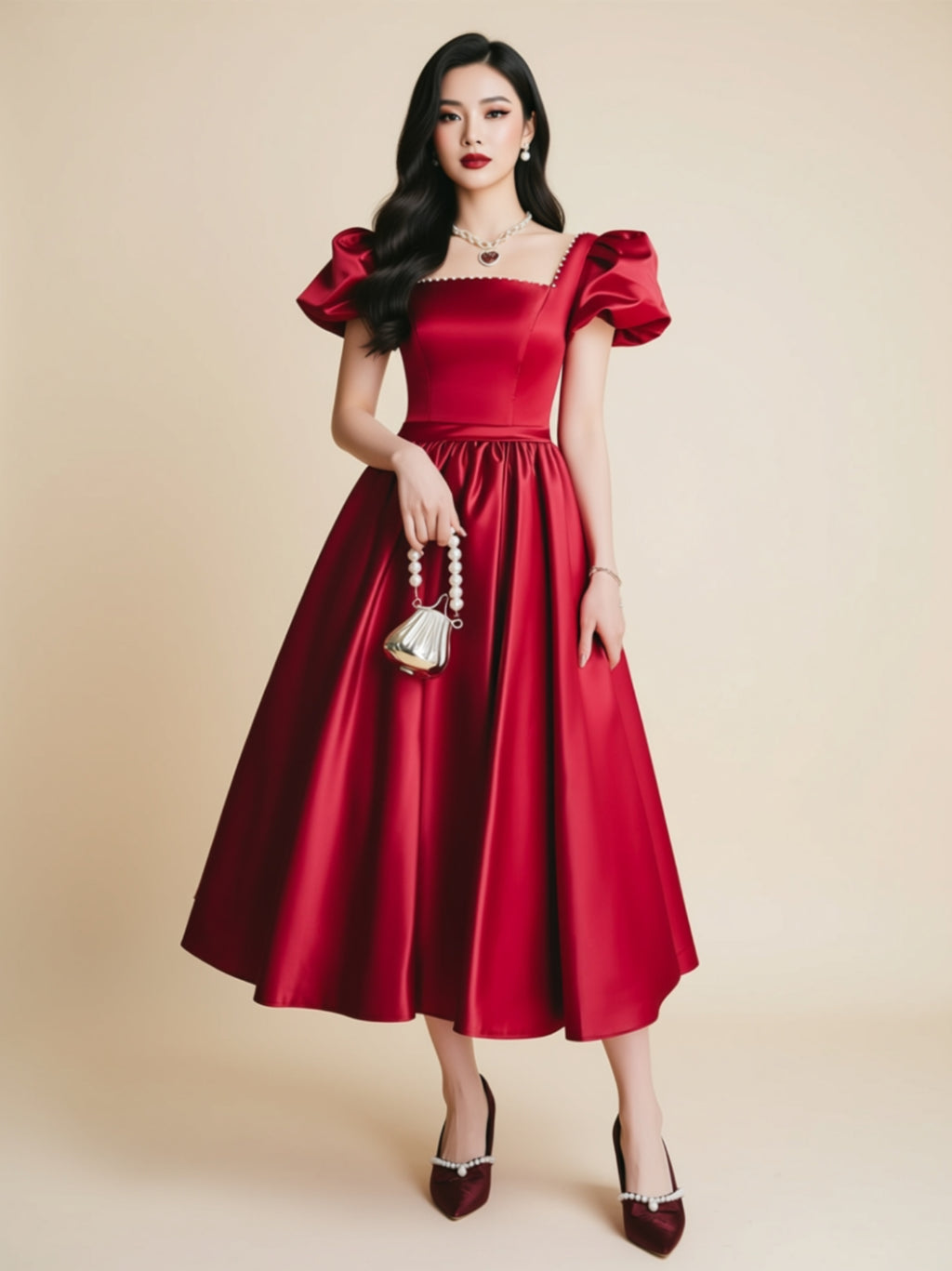 Elegant Puff‑Sleeve Satin A‑Line Dress