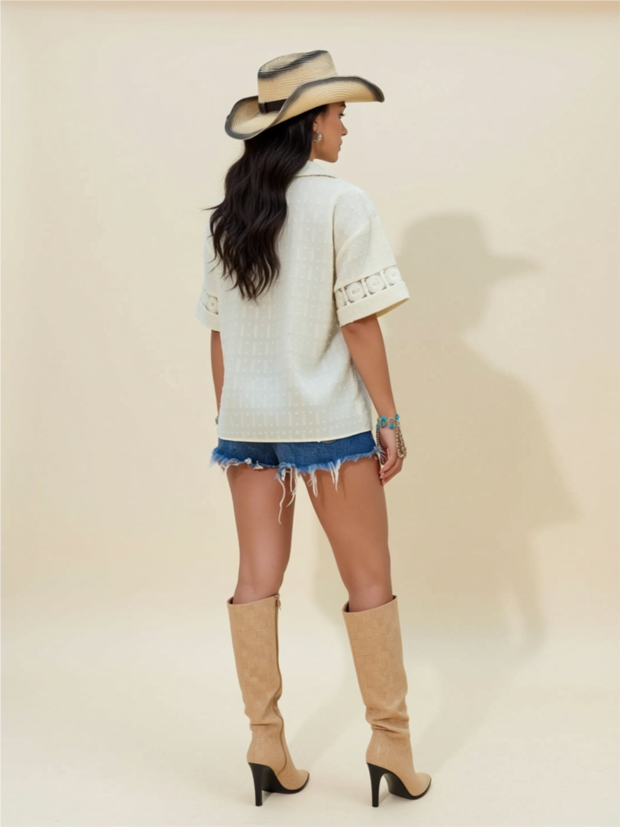 Button‑Front Cutout Short Sleeve Shirt