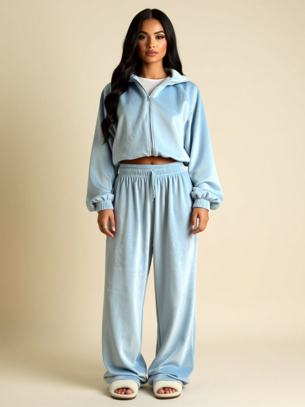 Velvet Zip-Up Hoodie & Wide-Leg Pants Two-Piece Lounge Set