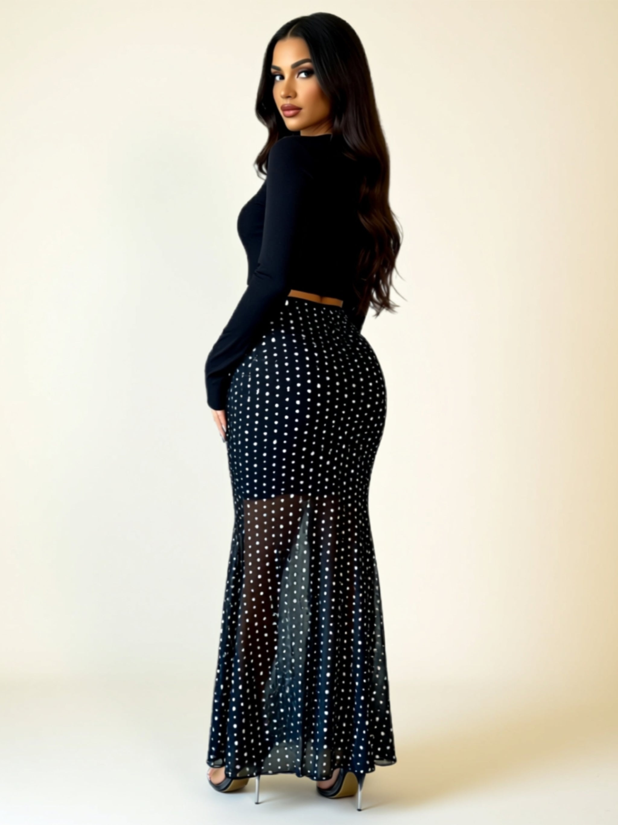 Sheer Polka Dot Mesh Maxi Skirt