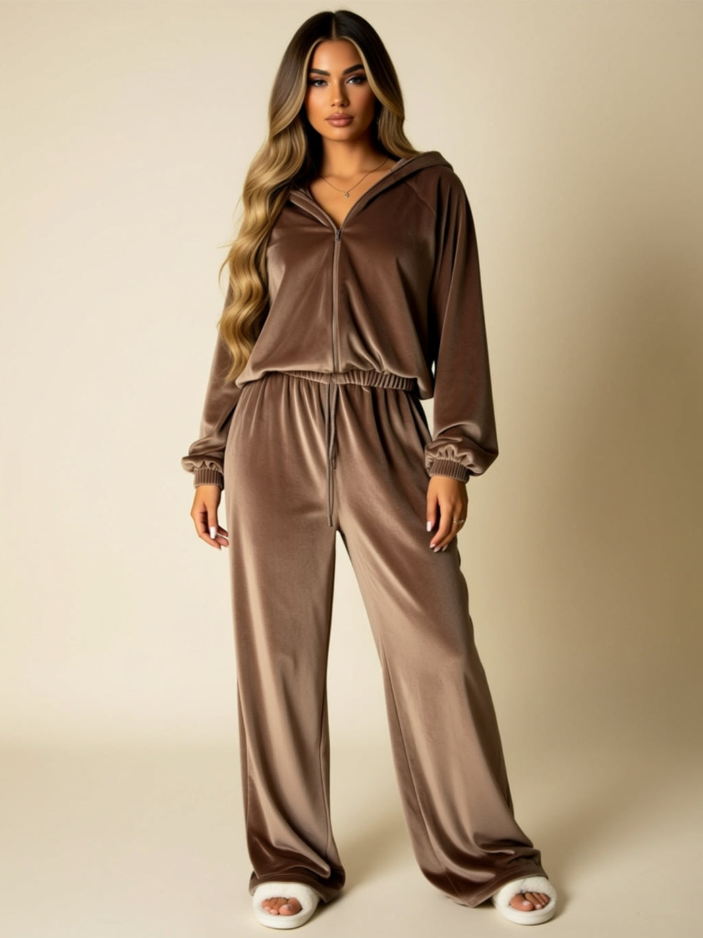 Velvet Zip-Up Hoodie & Wide-Leg Pants Two-Piece Lounge Set