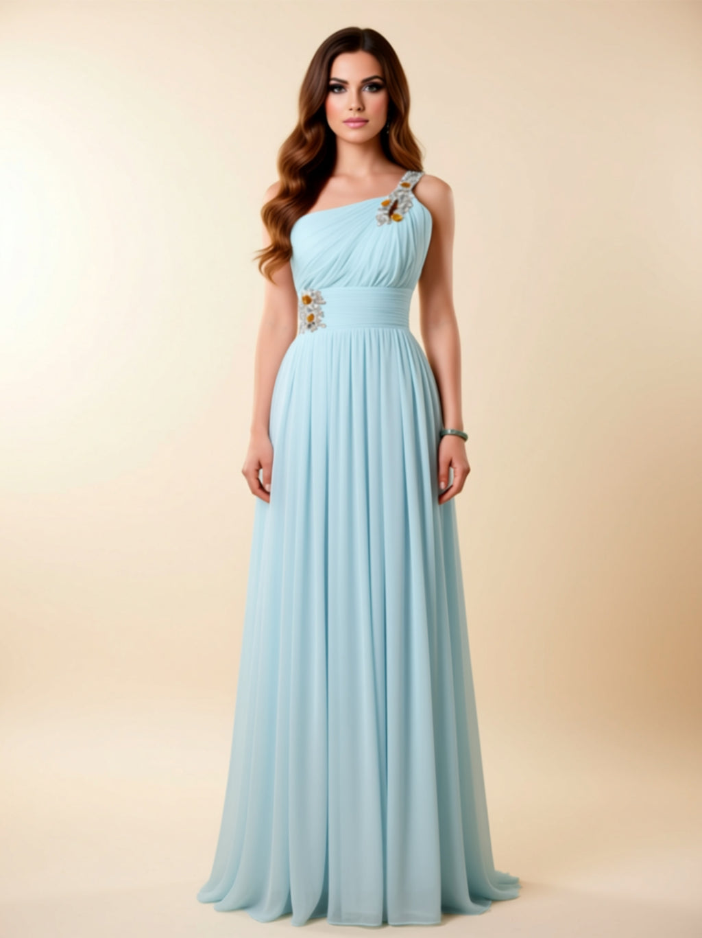 One‑Shoulder Embellished Chiffon Evening Gown