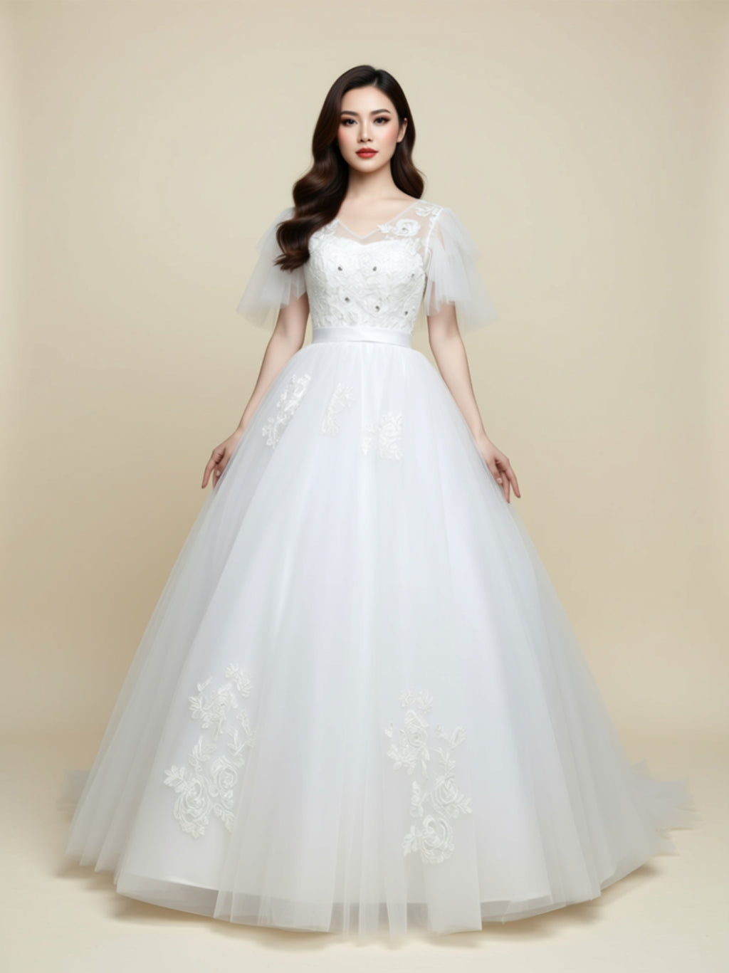 Elegant Lace Ball Gown Wedding Dress with 3D Appliqué Bodice & Sheer Flutter Sleeves