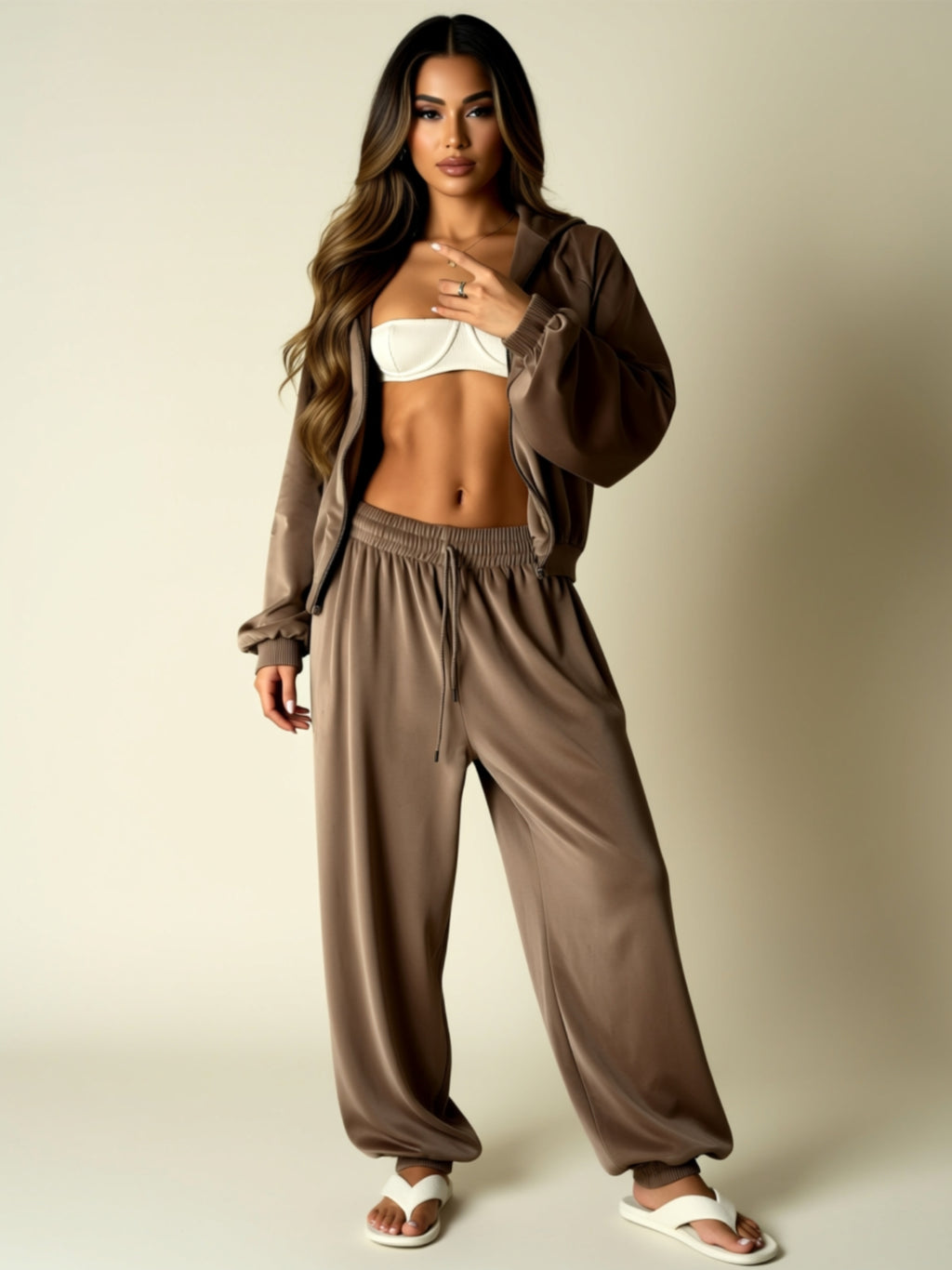 Velvet Zip-Up Hoodie & Wide-Leg Pants Two-Piece Lounge Set