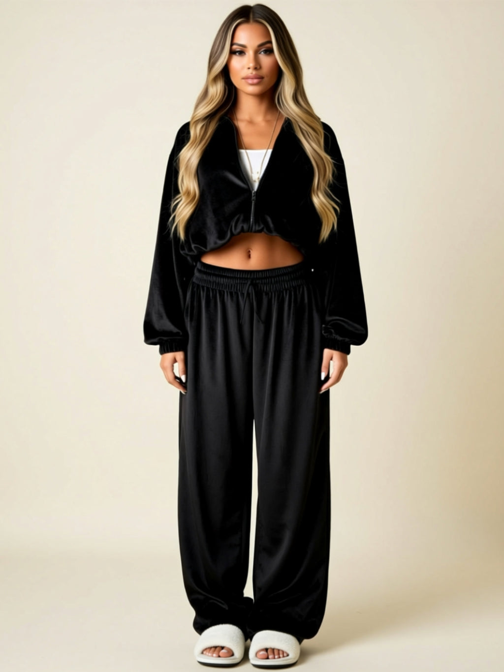 Velvet Zip-Up Hoodie & Wide-Leg Pants Two-Piece Lounge Set