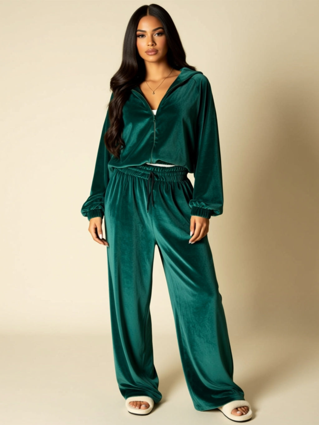 Velvet Zip-Up Hoodie & Wide-Leg Pants Two-Piece Lounge Set