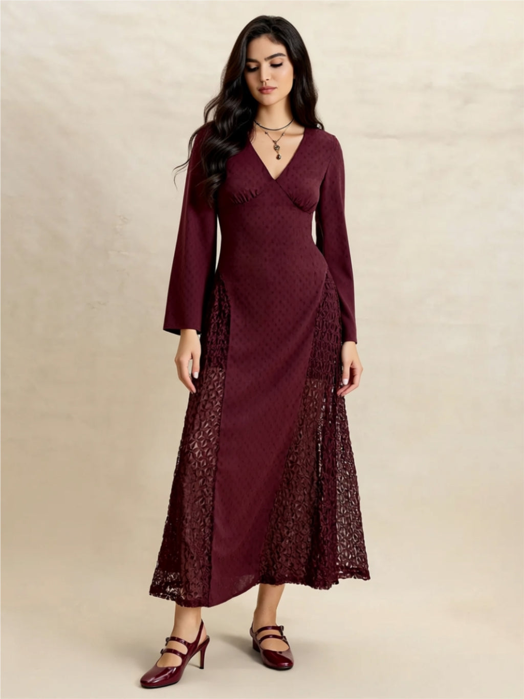 Long Sleeve Lace Panel Maxi Dress
