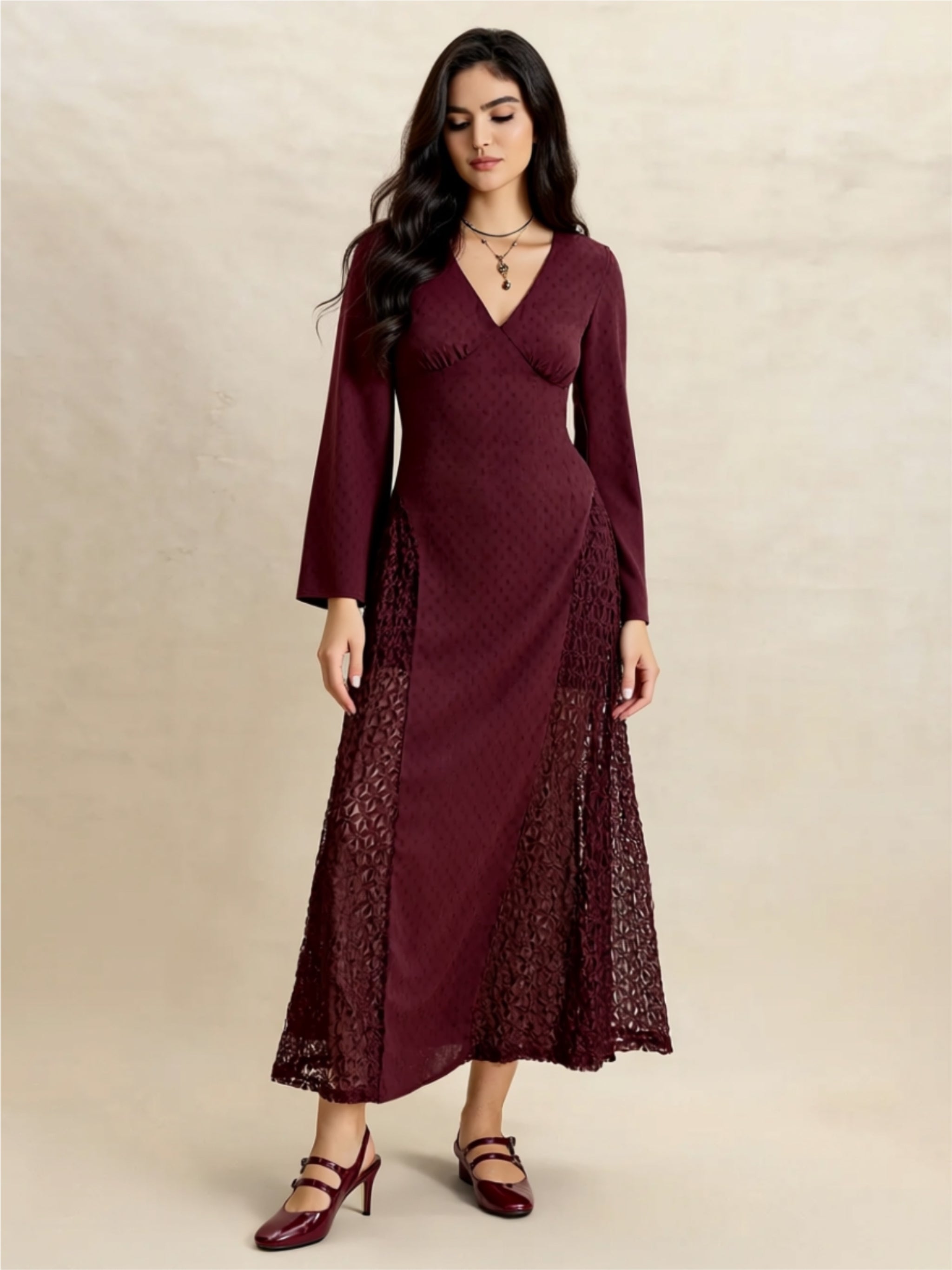 Long Sleeve Lace Panel Maxi Dress