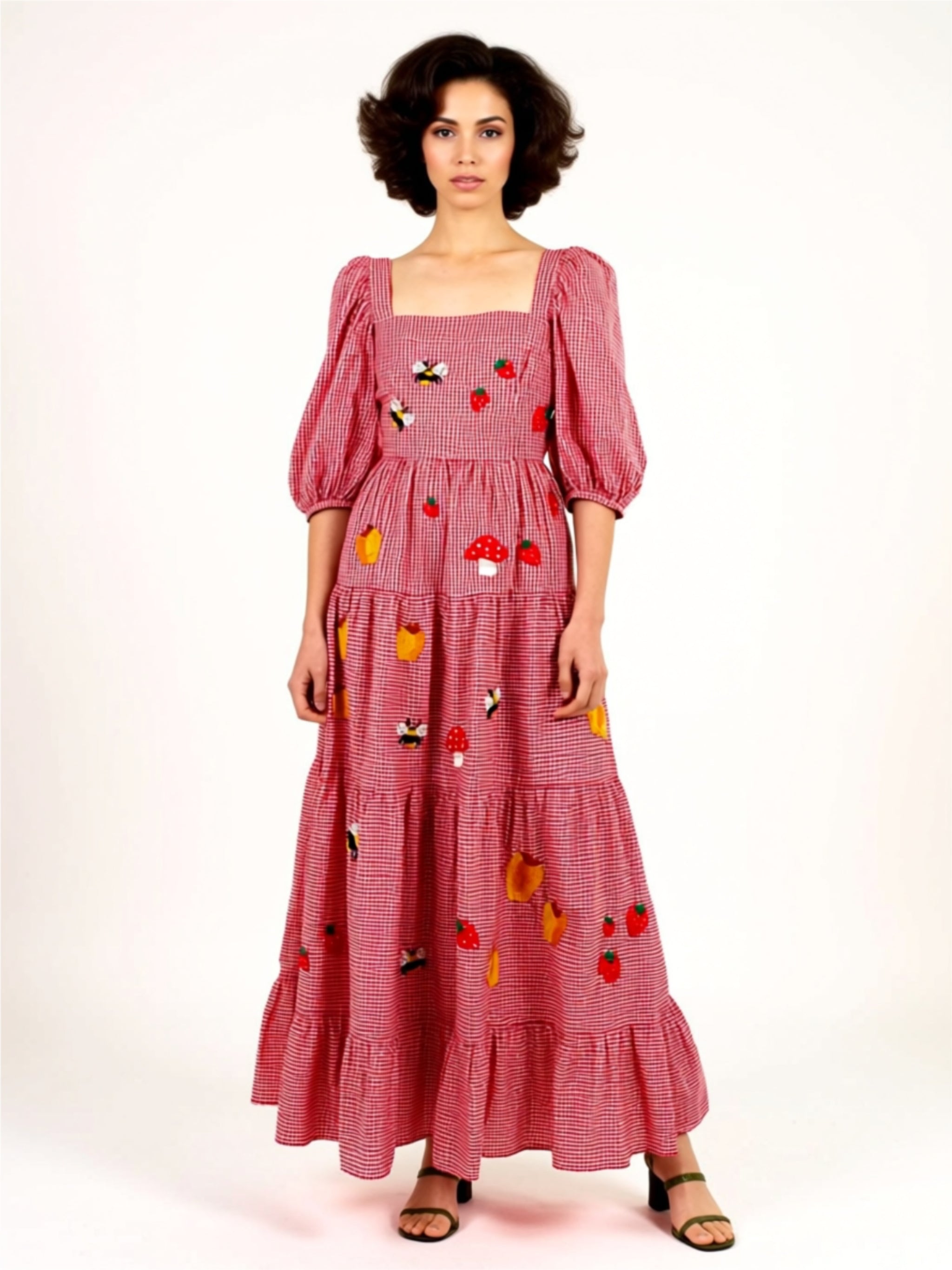 Embroidered Tiered Maxi Dress with Puff Sleeves & Ruffled Hem