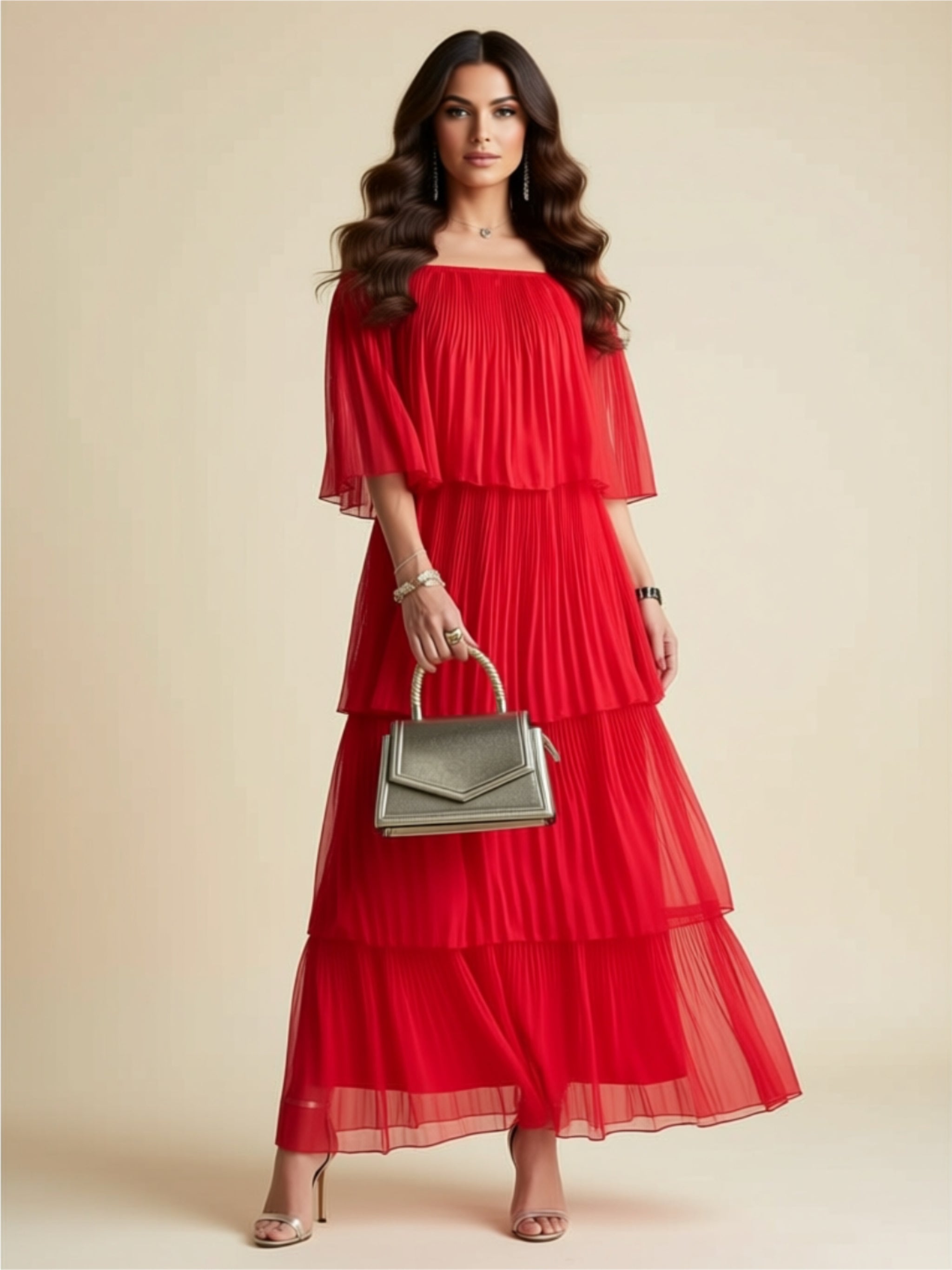 Elegant Pleated Chiffon Off‑Shoulder Tiered Maxi Dress
