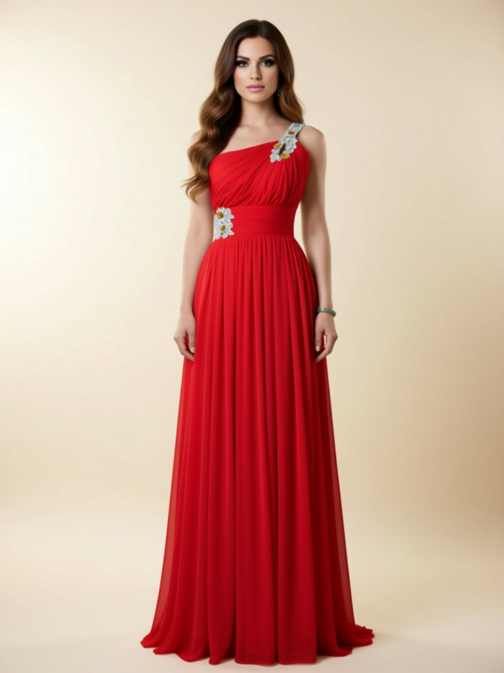One‑Shoulder Embellished Chiffon Evening Gown