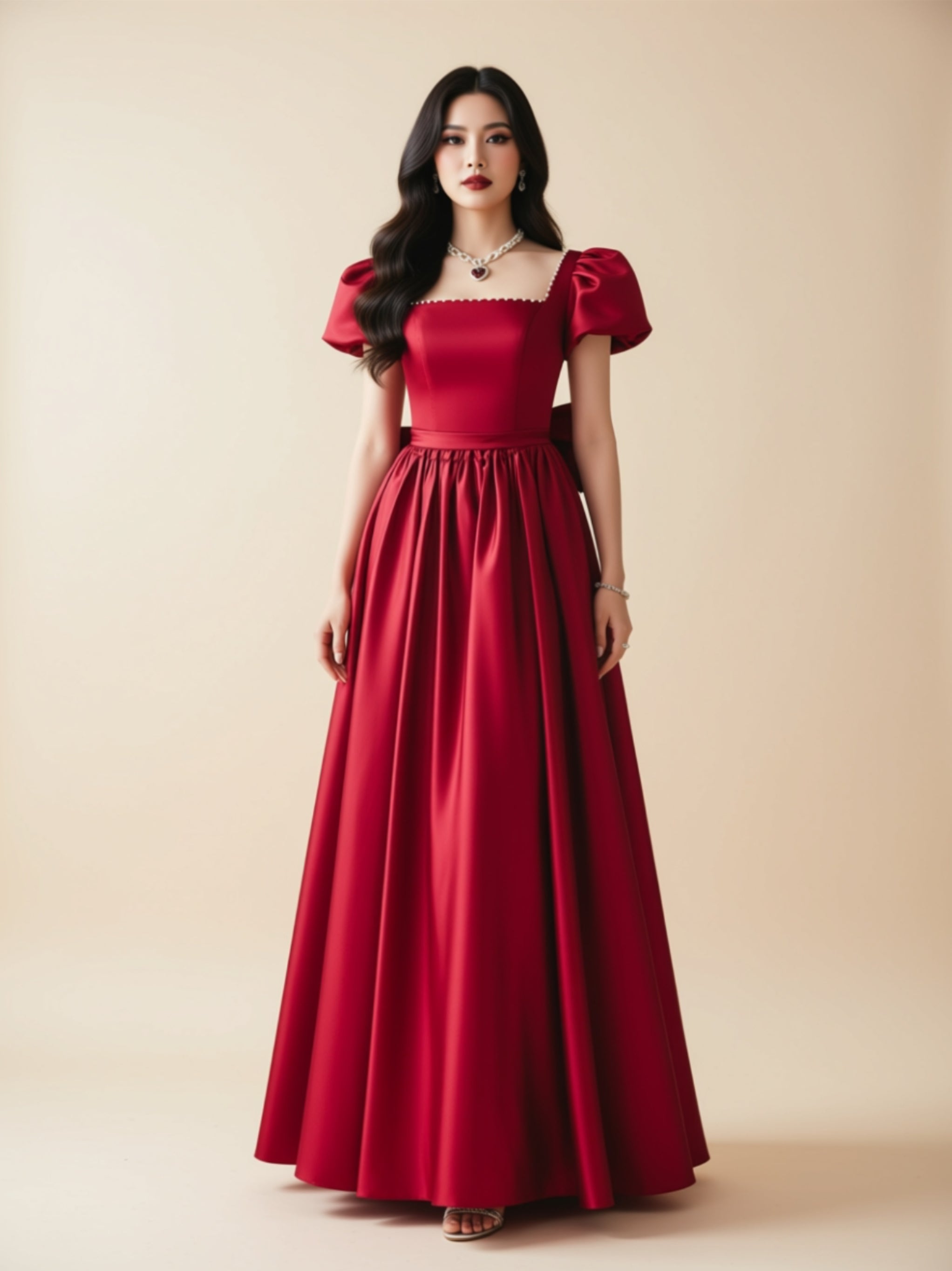 Elegant Puff‑Sleeve Satin A‑Line Dress