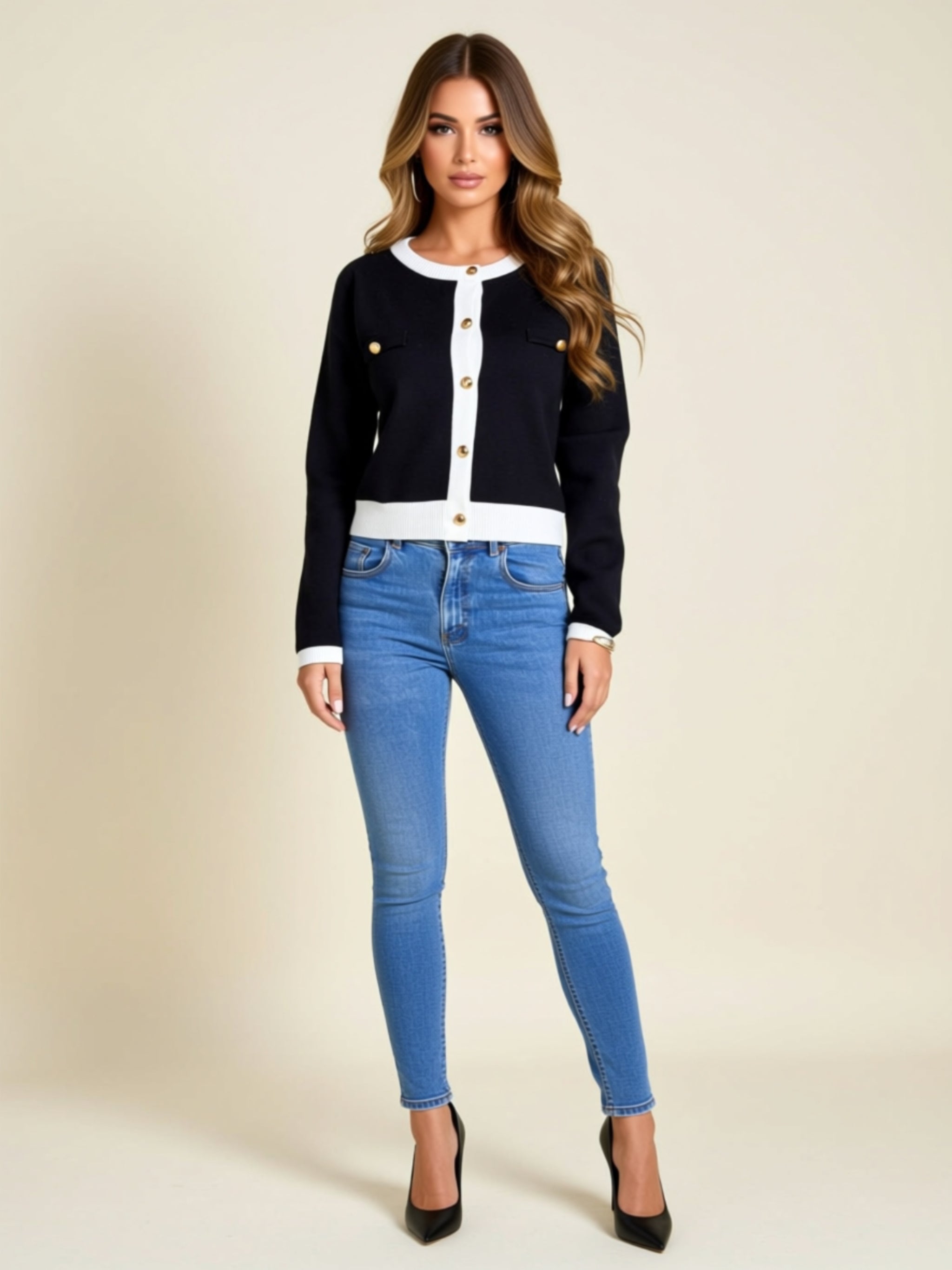 Contrast Trim Ribbed Button-Front Cardigan
