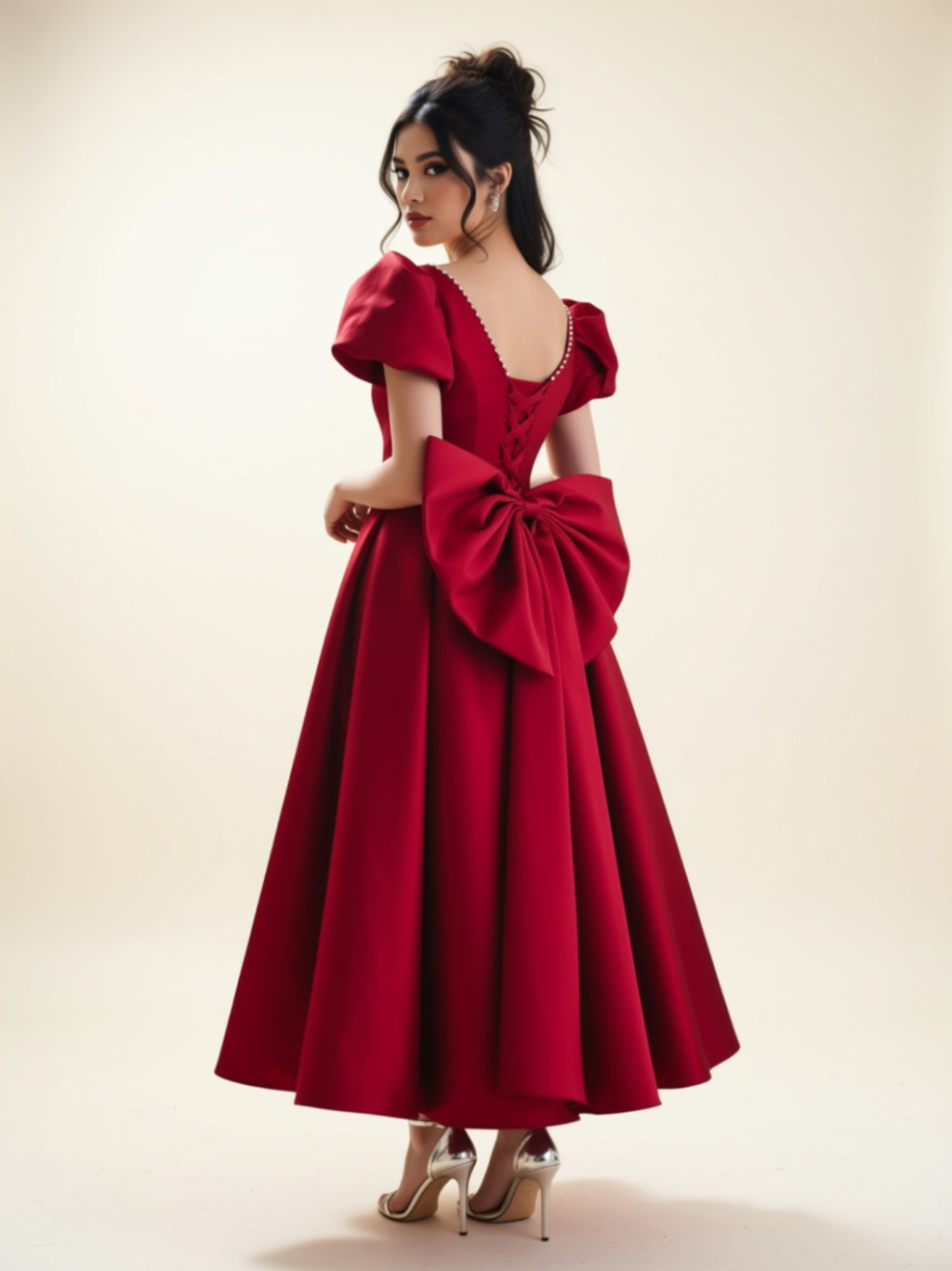 Elegant Puff‑Sleeve Satin A‑Line Dress