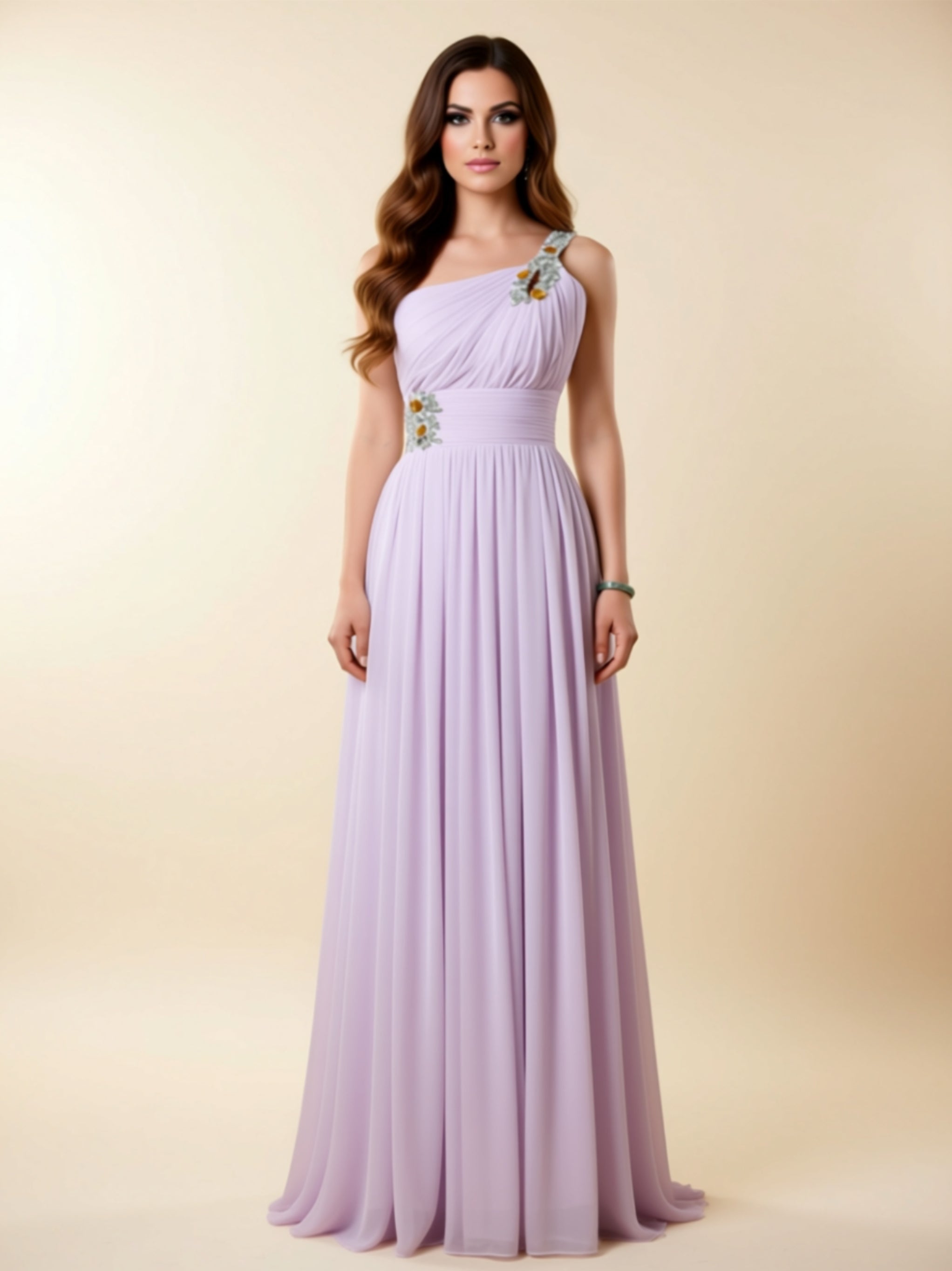 One‑Shoulder Embellished Chiffon Evening Gown